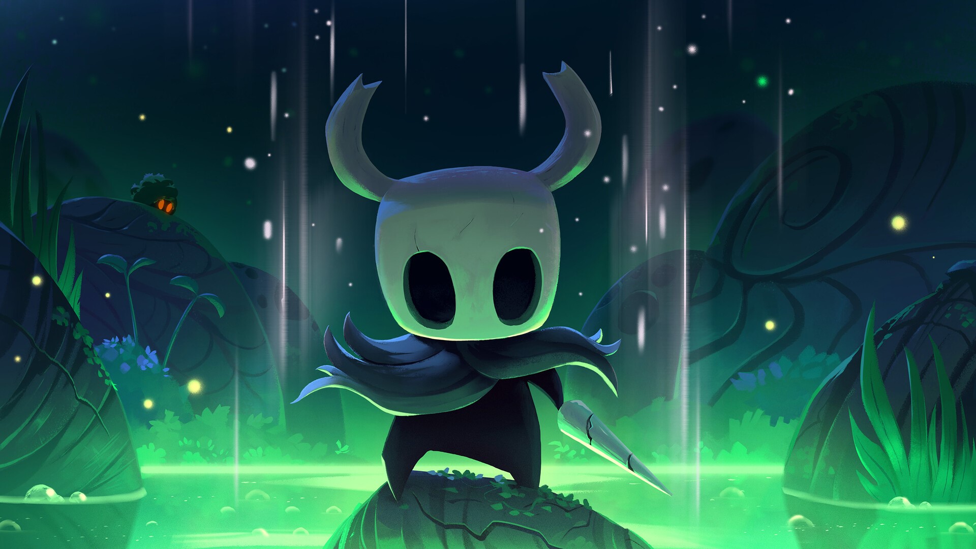 The Knight from Hollow Knight in a glowing forest HD Wallpaper