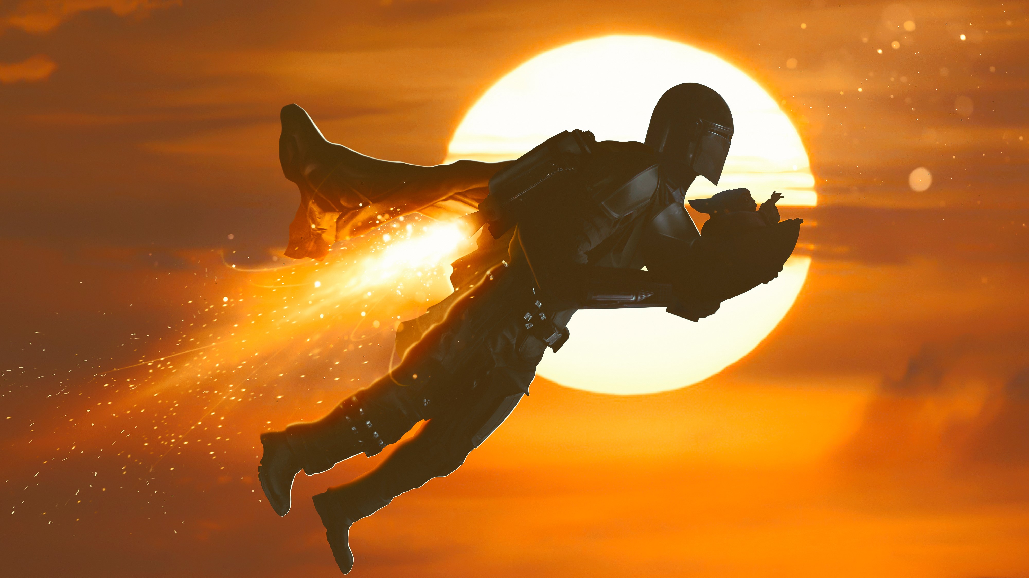 The Mandalorian and Grogu with Jet Pack in 4K HD Wallpaper