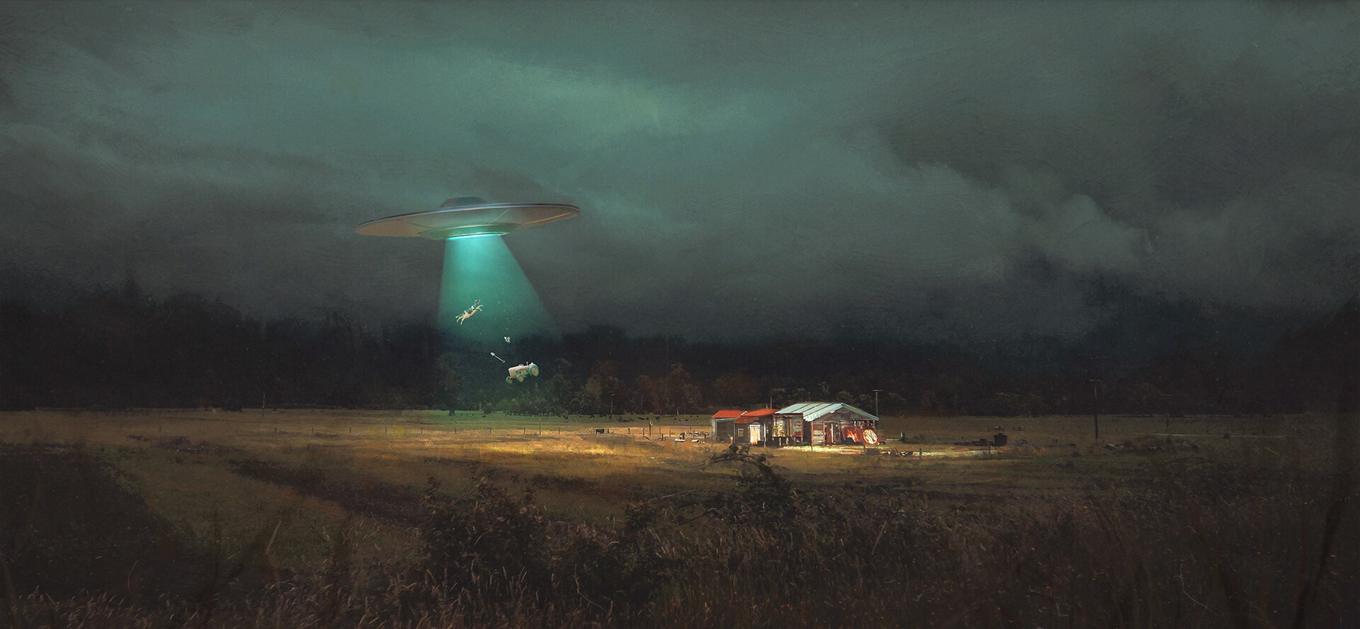 UFO abducting cows from a farm at night HD Wallpaper