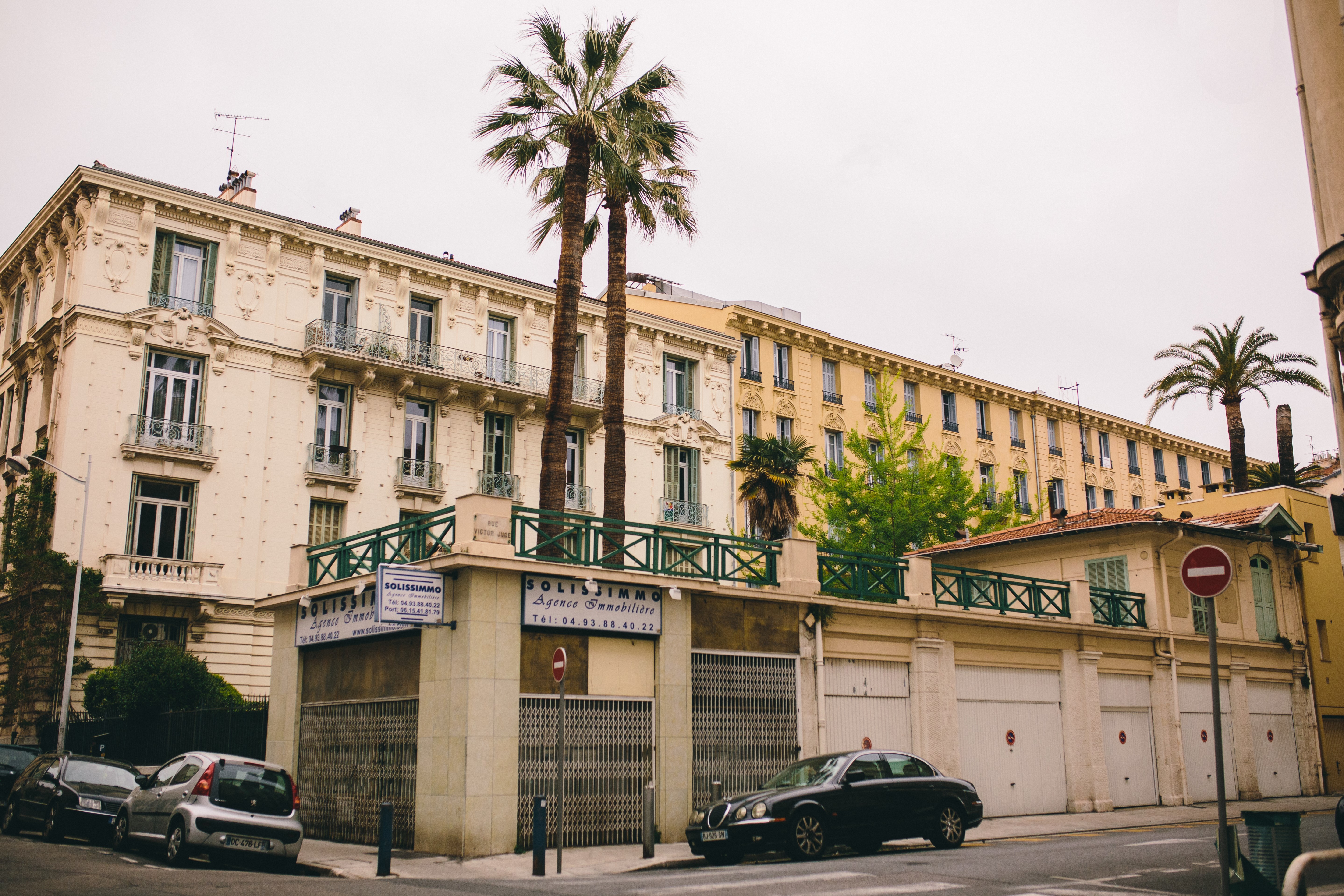 Apartment buildings with palm trees in Nice, France HD Wallpaper