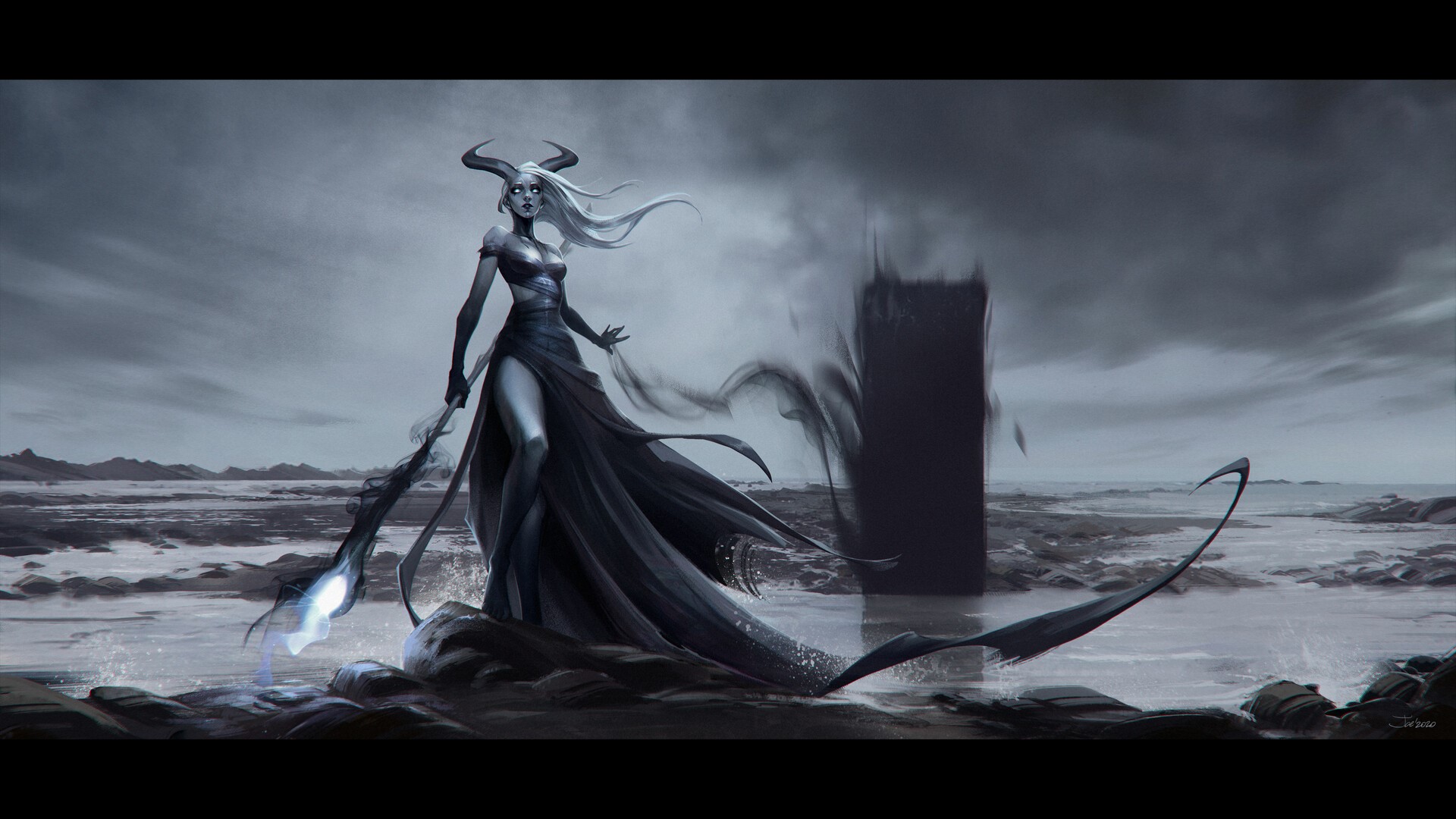 Demoness with horns and staff in a dark landscape HD Wallpaper
