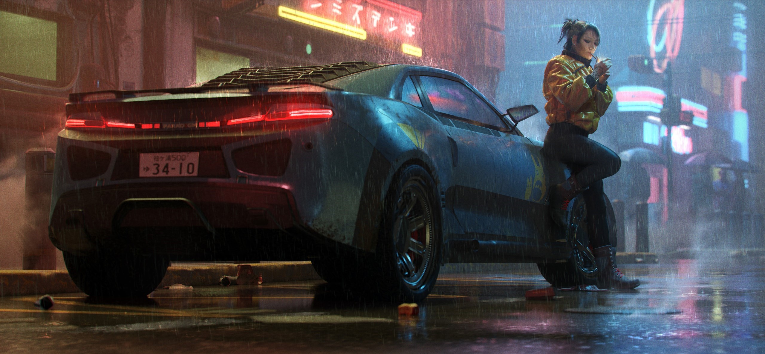 Woman leaning on a car in the rain HD Wallpaper