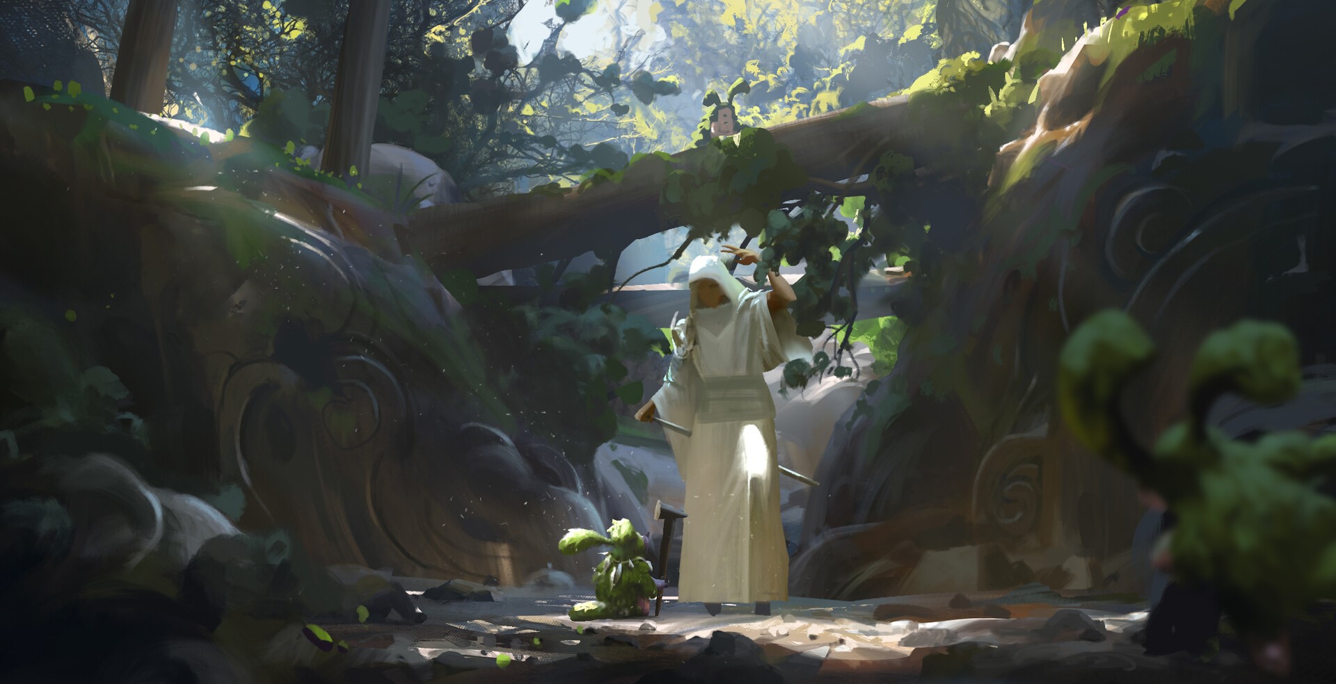 Fantasy art of a robed figure in a forest HD Wallpaper