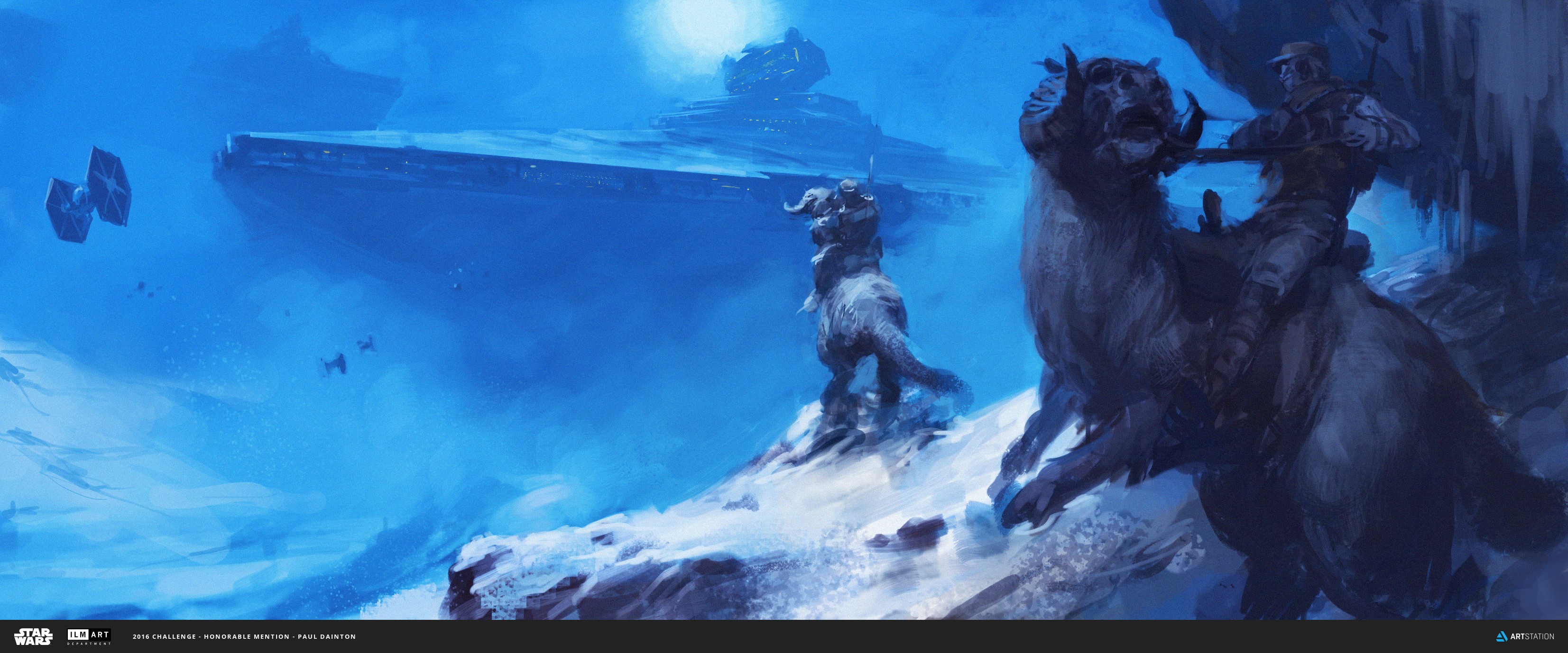 Star Wars: Tauntaun riders on Hoth with Star Destroyer HD Wallpaper