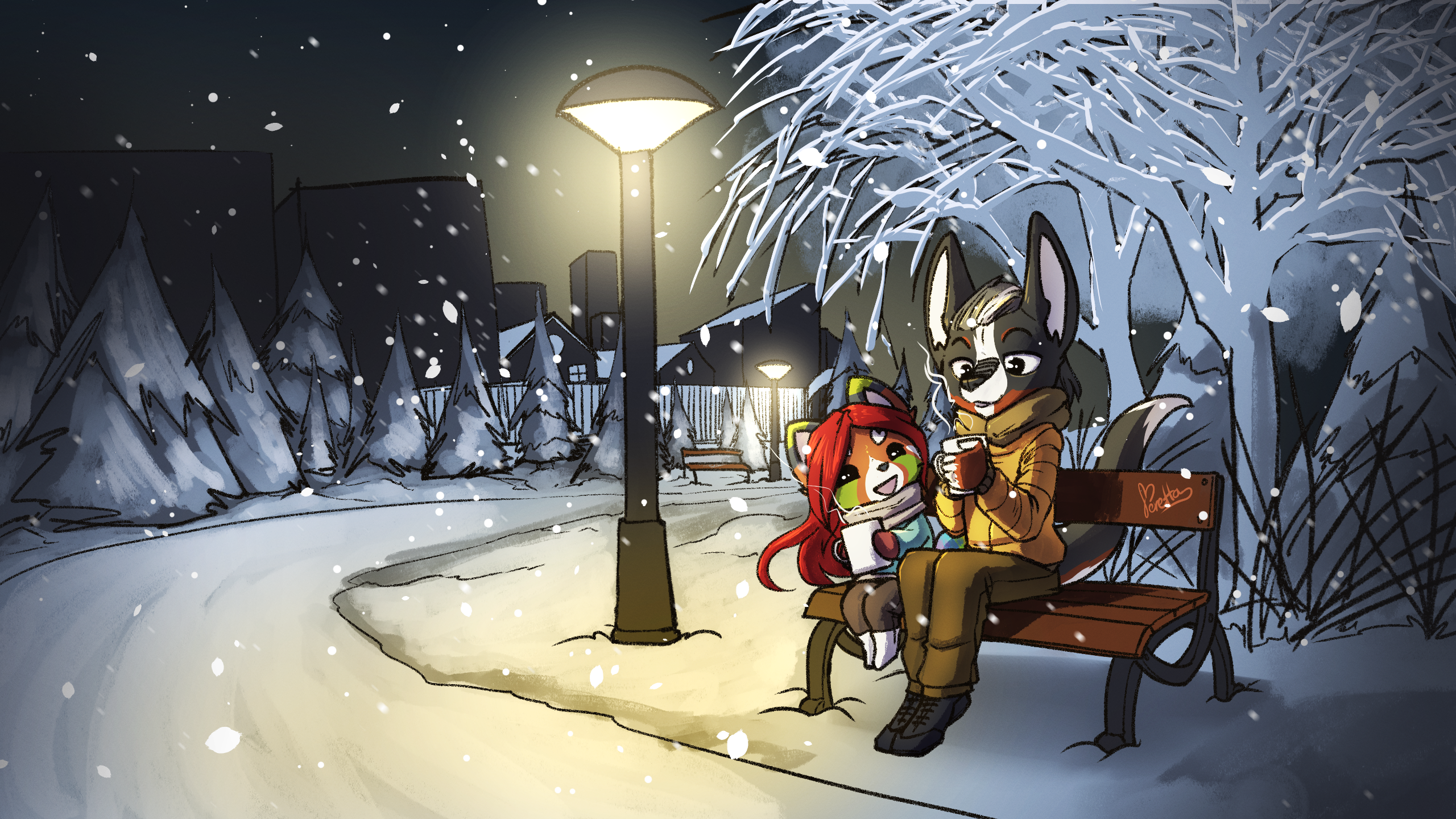Two anthropomorphic animals sitting on a bench in the snow HD Wallpaper