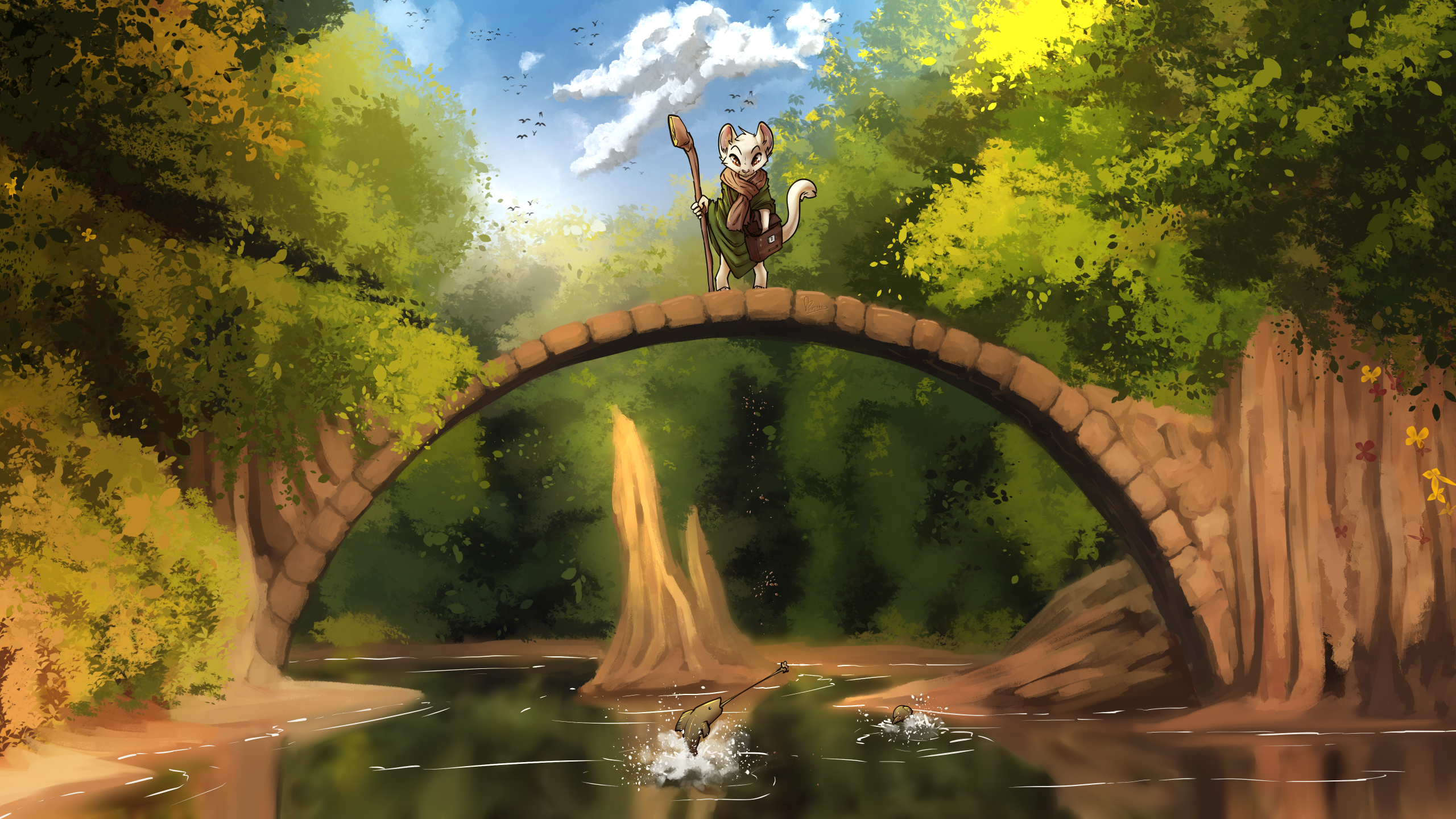 Furry character with staff on a stone bridge over a river HD Wallpaper