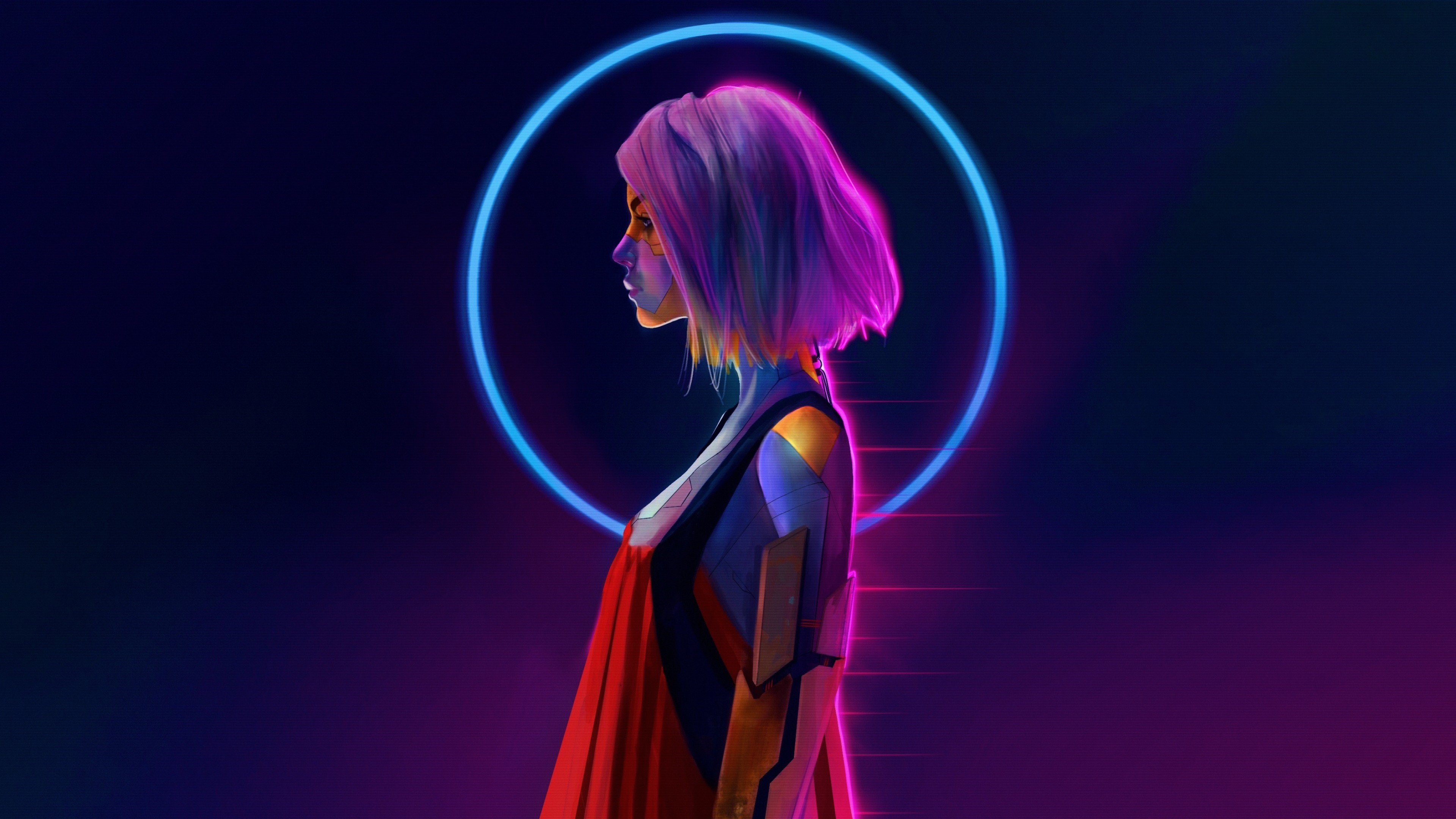 Cyberpunk woman with purple hair and red cape HD Wallpaper