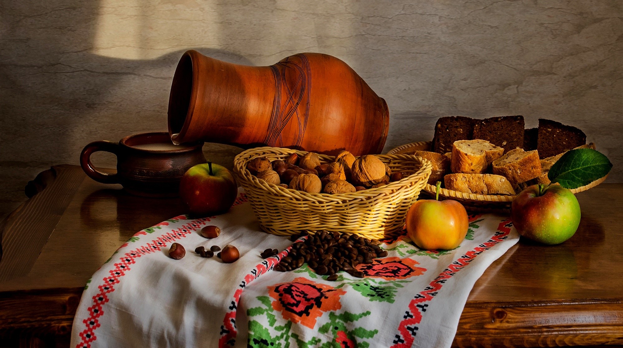 Still life with fruit, nuts, bread, and a jug HD Wallpaper