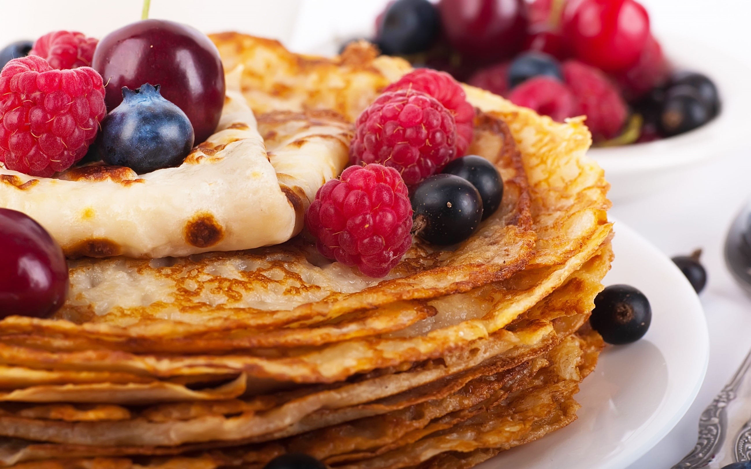 Stack of pancakes with fresh berries and cherries HD Wallpaper