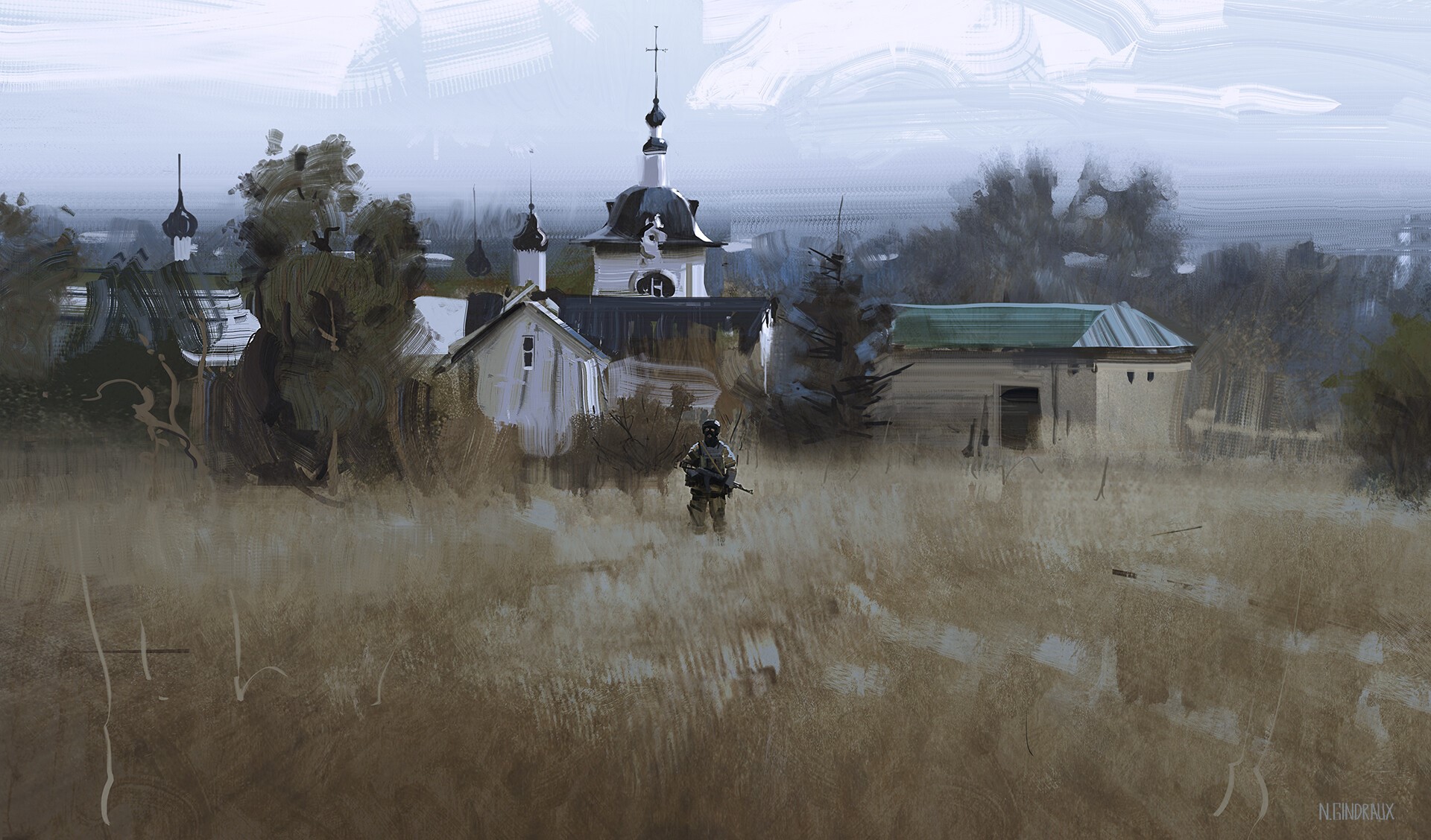 Soldier in a field near a Russian village with a church HD Wallpaper