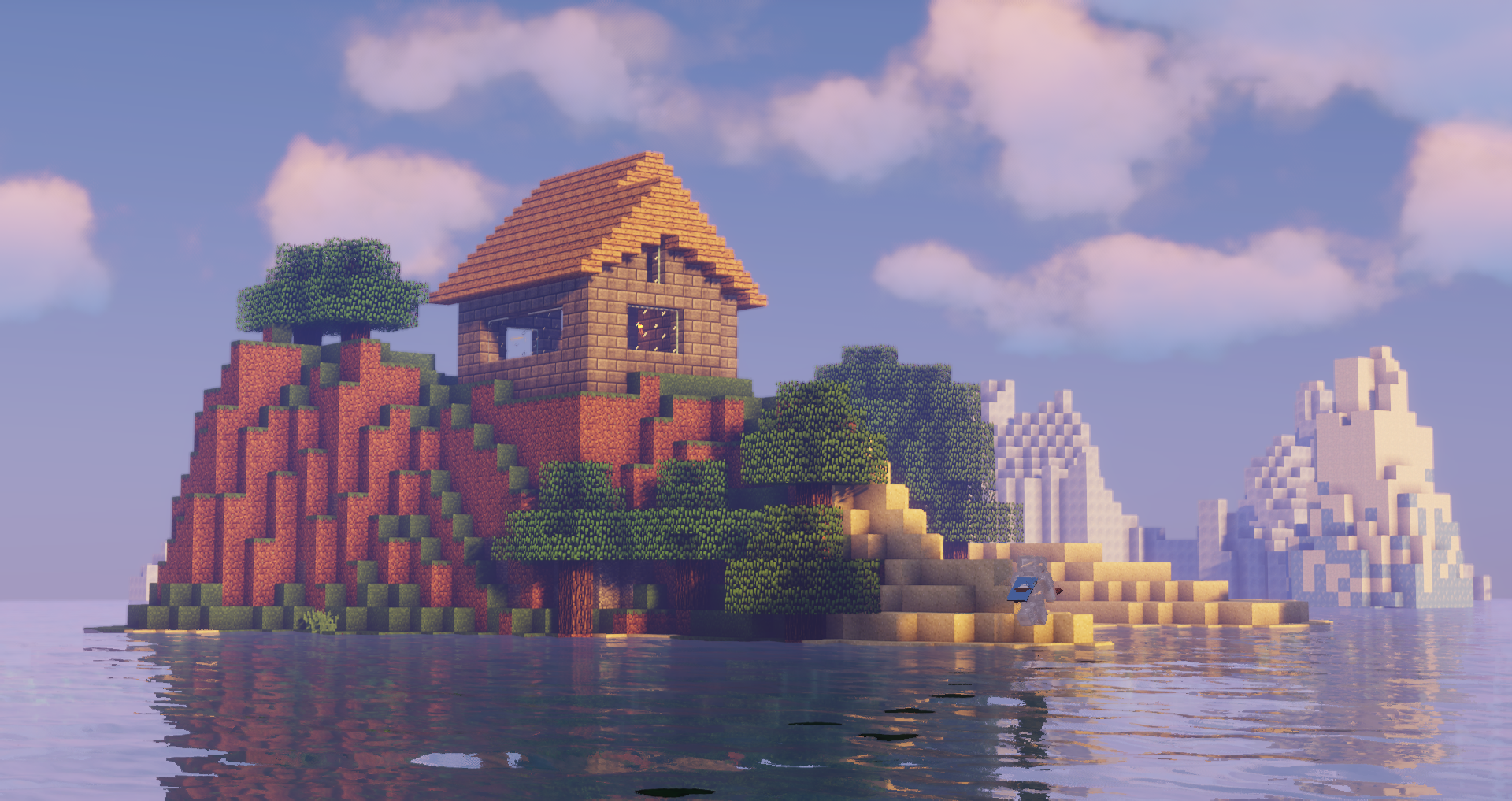 Minecraft island with house and icebergs HD Wallpaper
