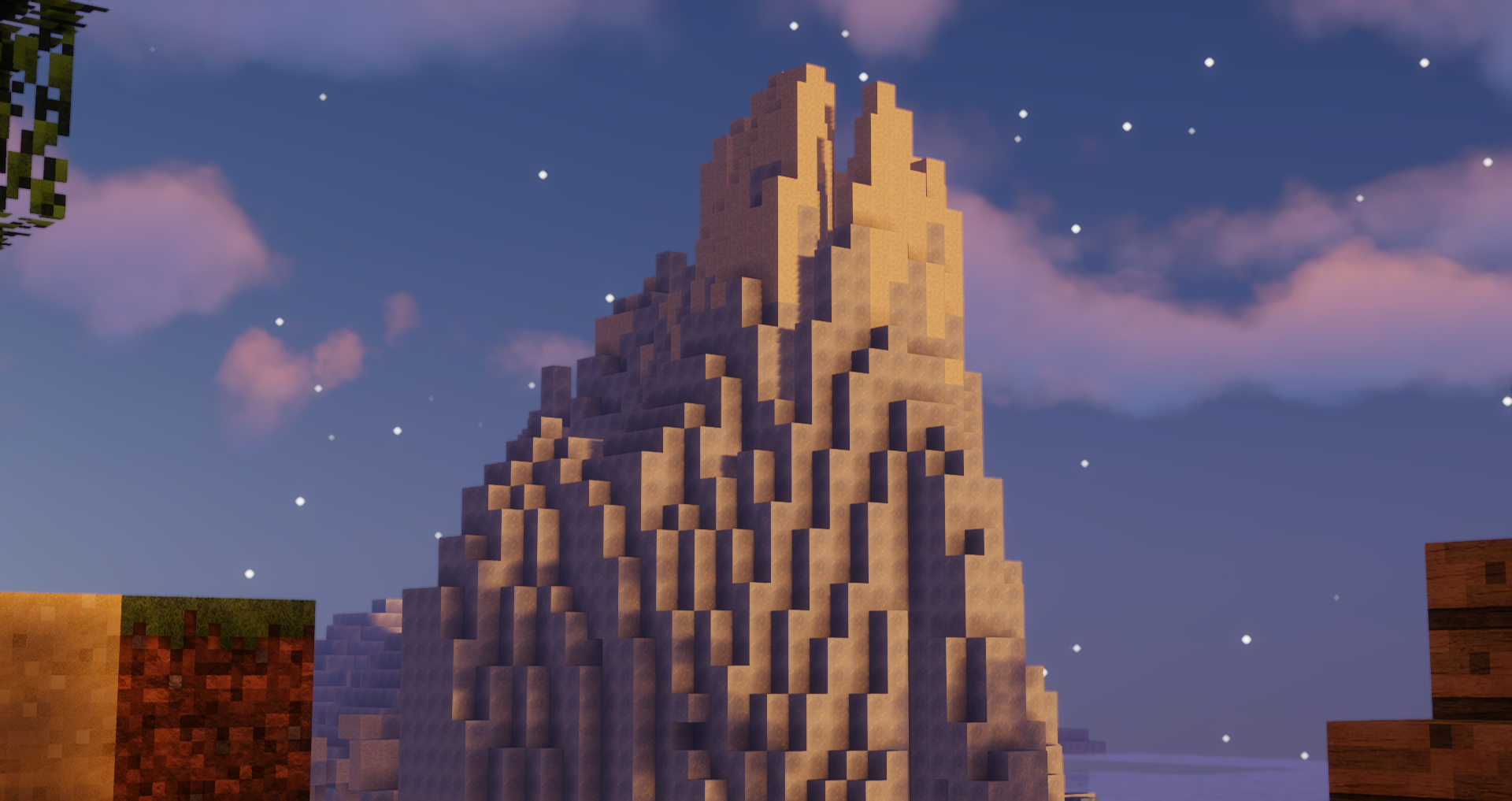 Minecraft mountain peak at sunset with clouds and stars HD Wallpaper