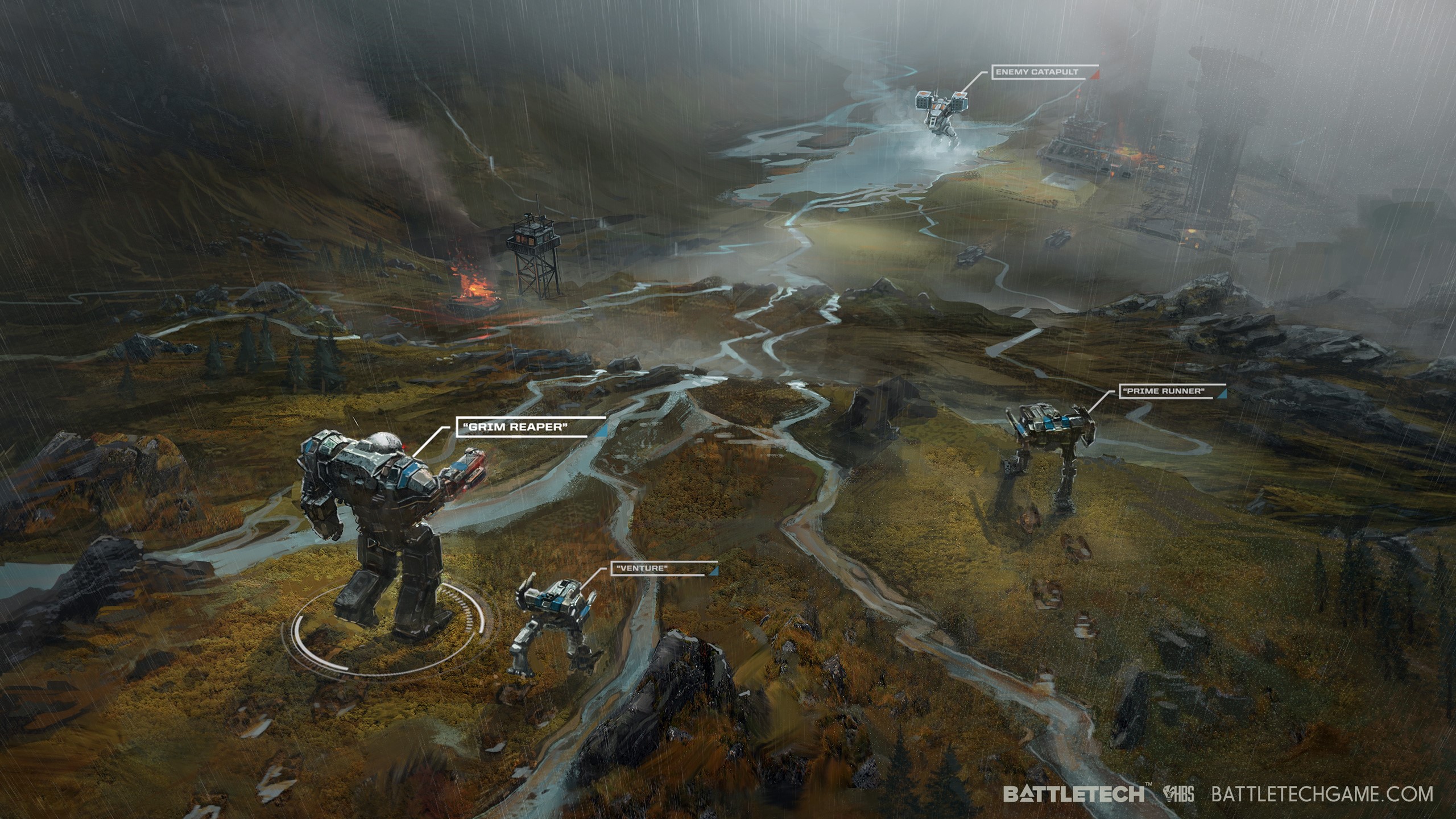 Battletech: Grim Reaper and other mechs on a rainy battlefield HD Wallpaper