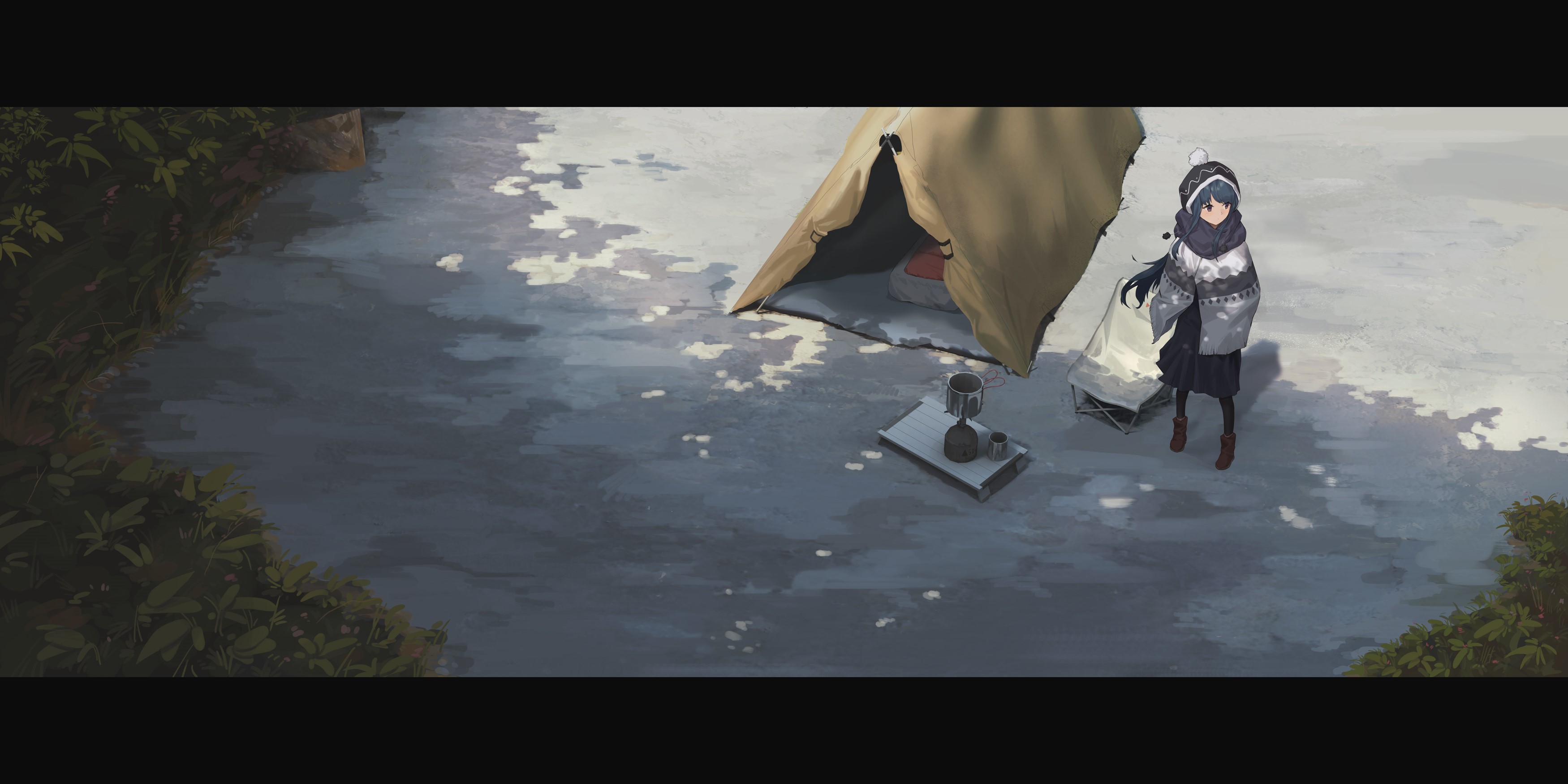 Rin Shima camping by a lake in winter HD Wallpaper