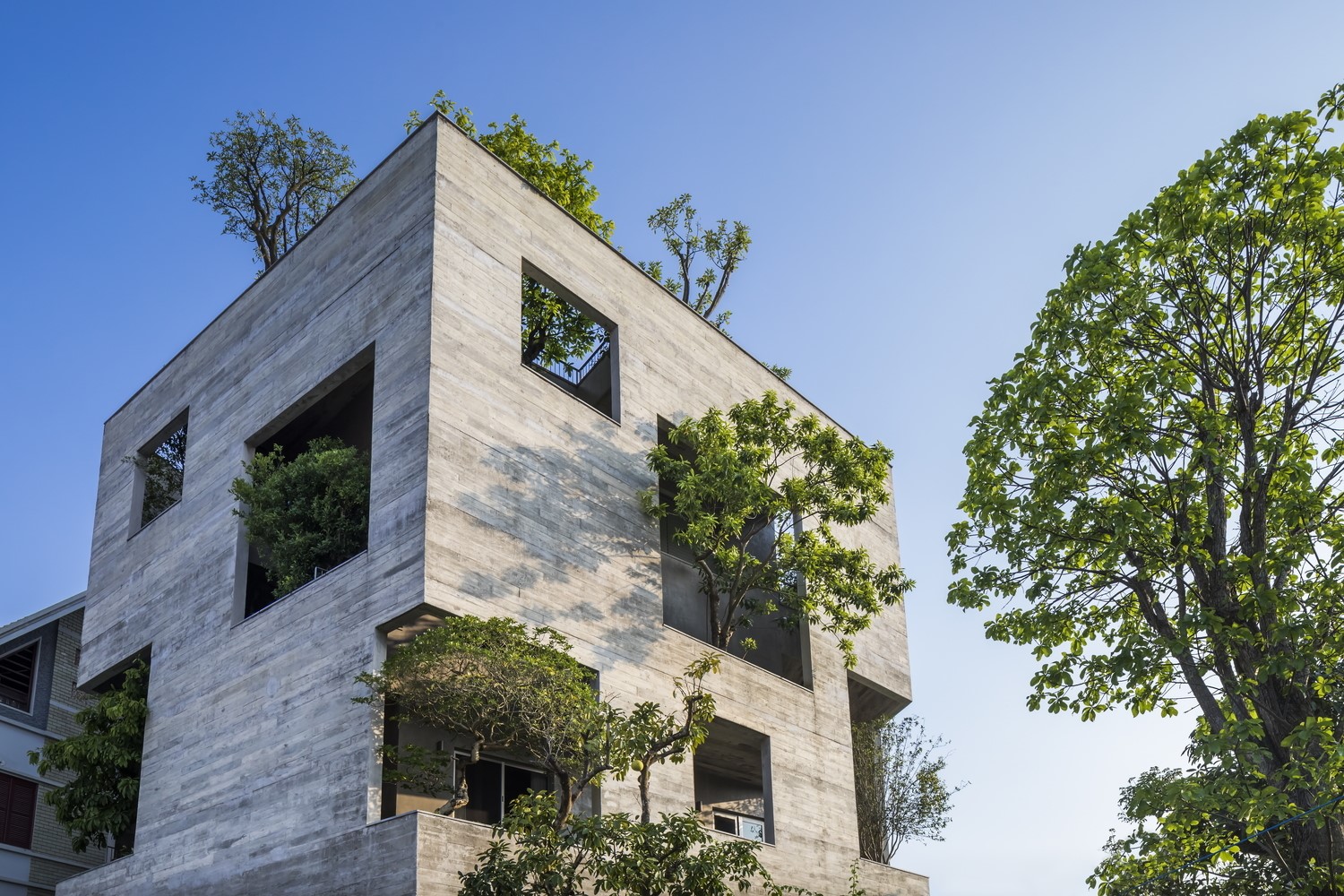 Modern concrete building with trees HD Wallpaper