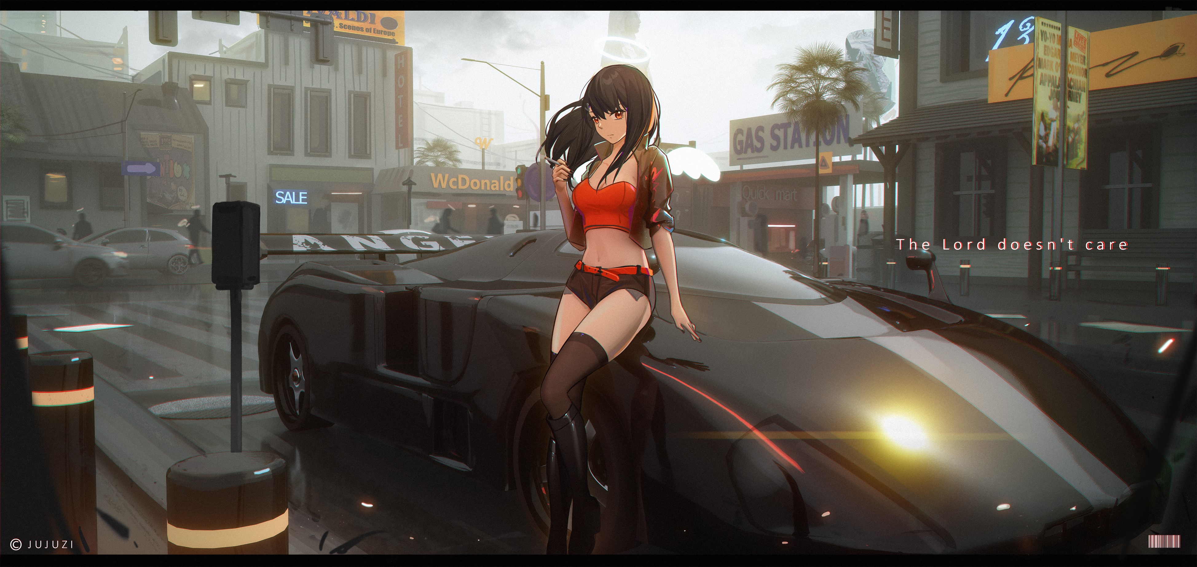 Girl with car at gas station HD Wallpaper