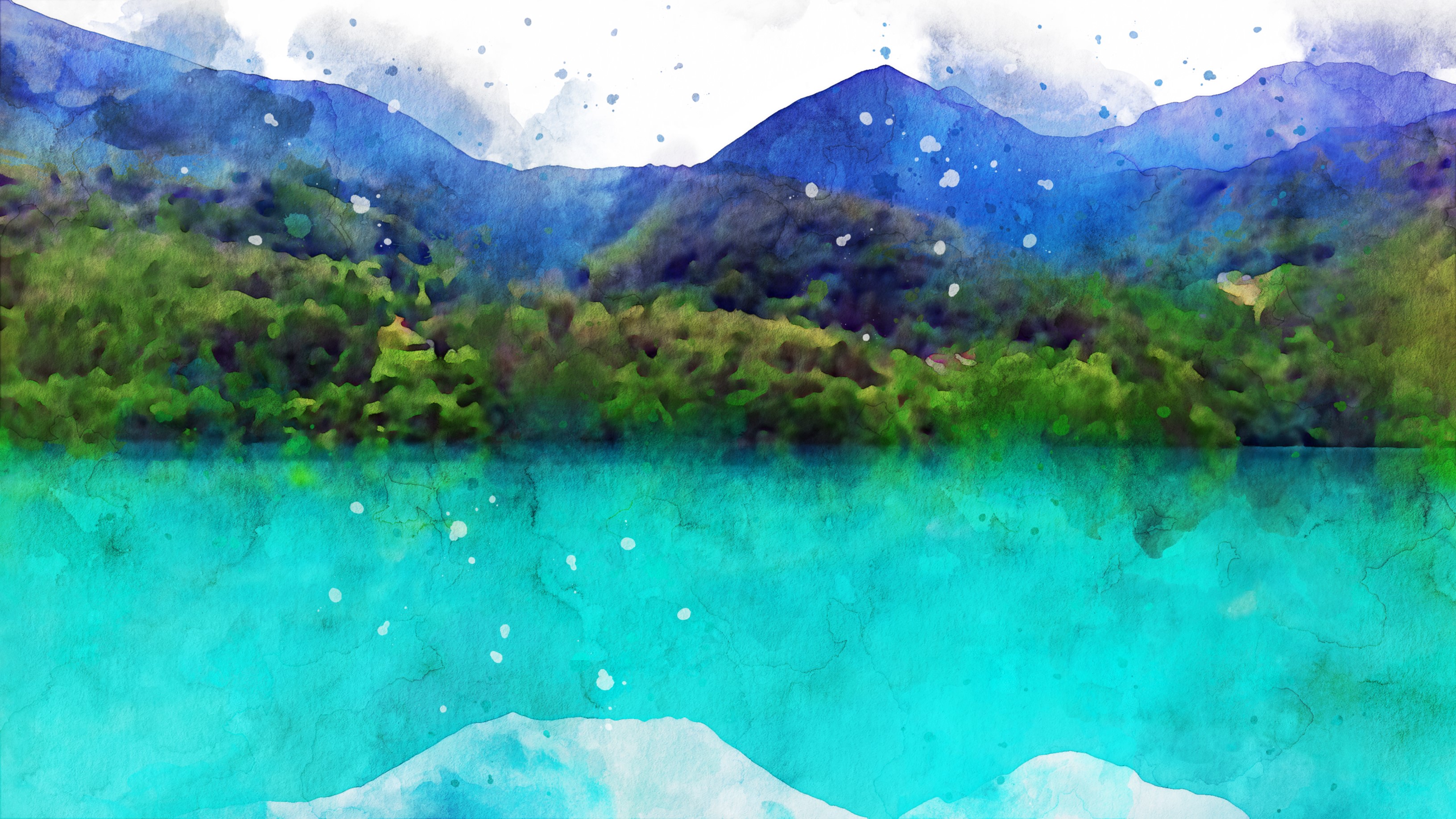 Watercolor painting of mountains and a lake HD Wallpaper