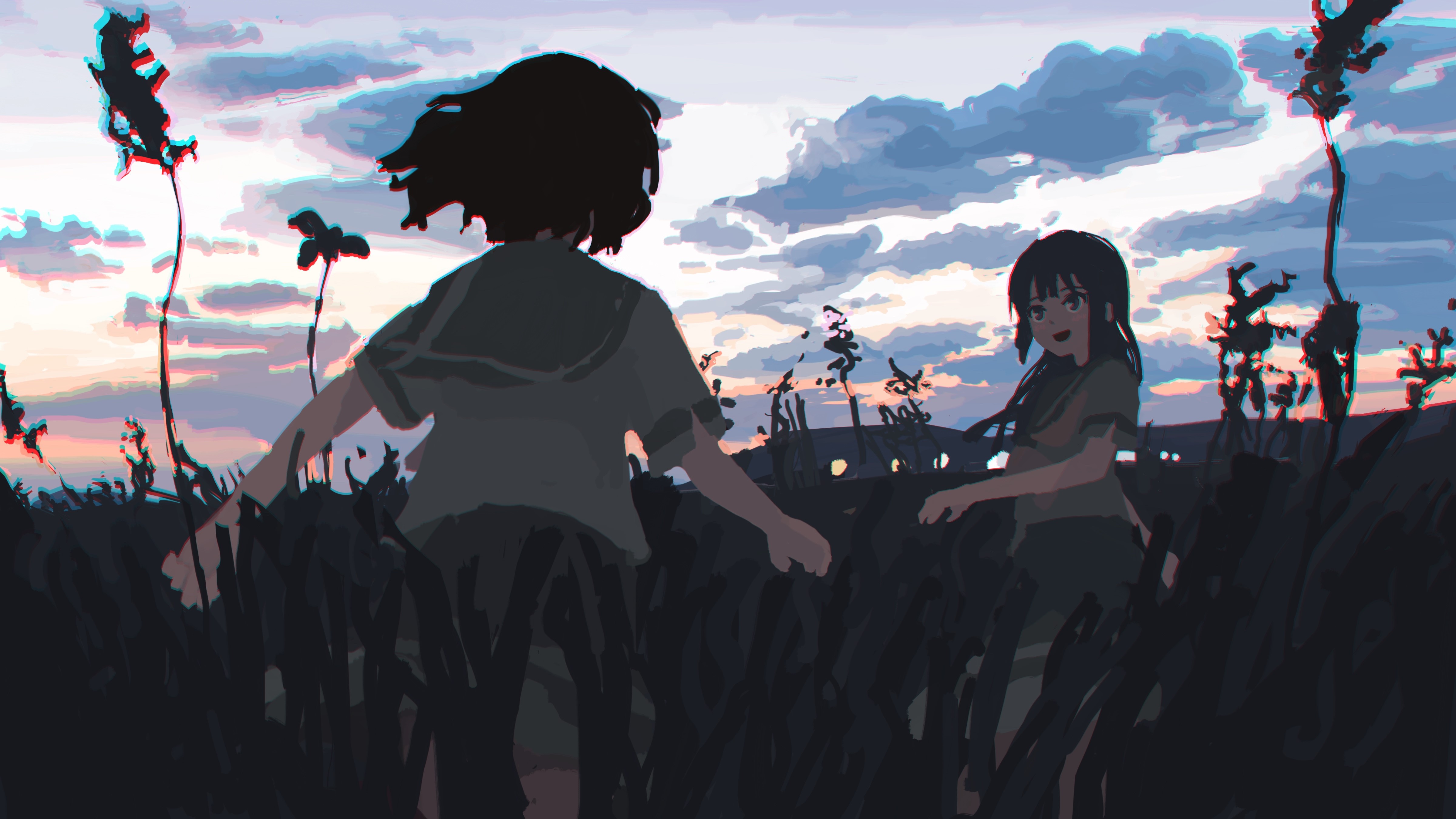 Anime girls in a field at sunset HD Wallpaper