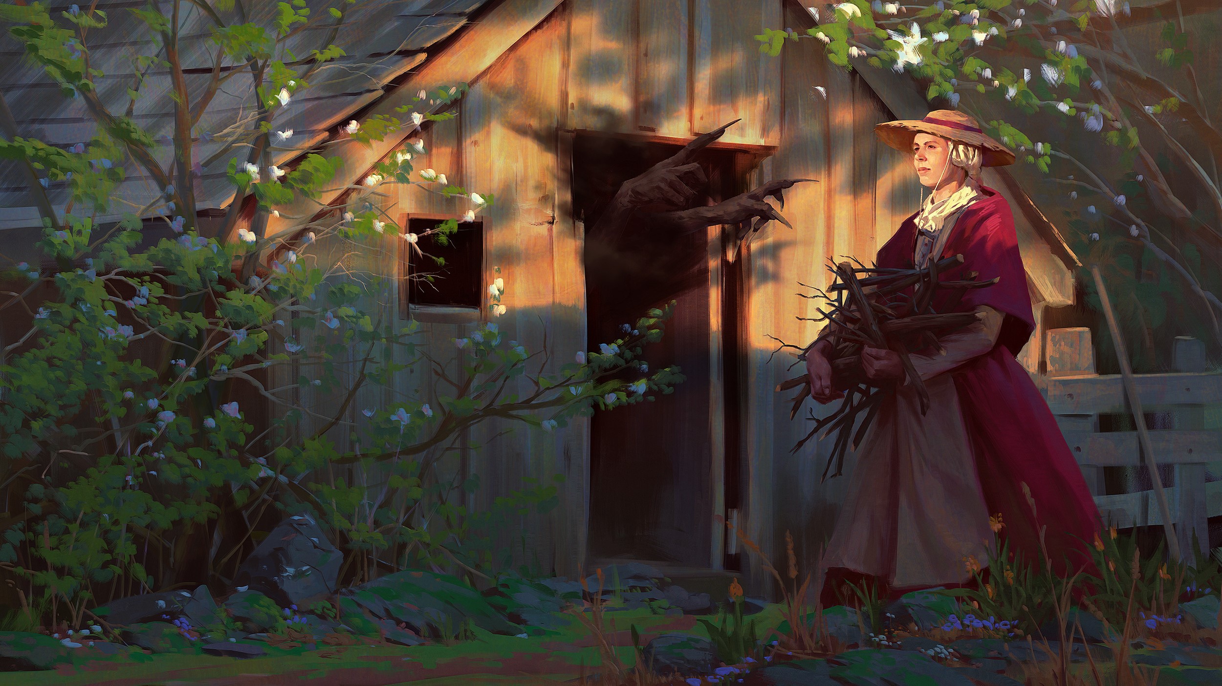 Woman carrying firewood near a haunted shed HD Wallpaper