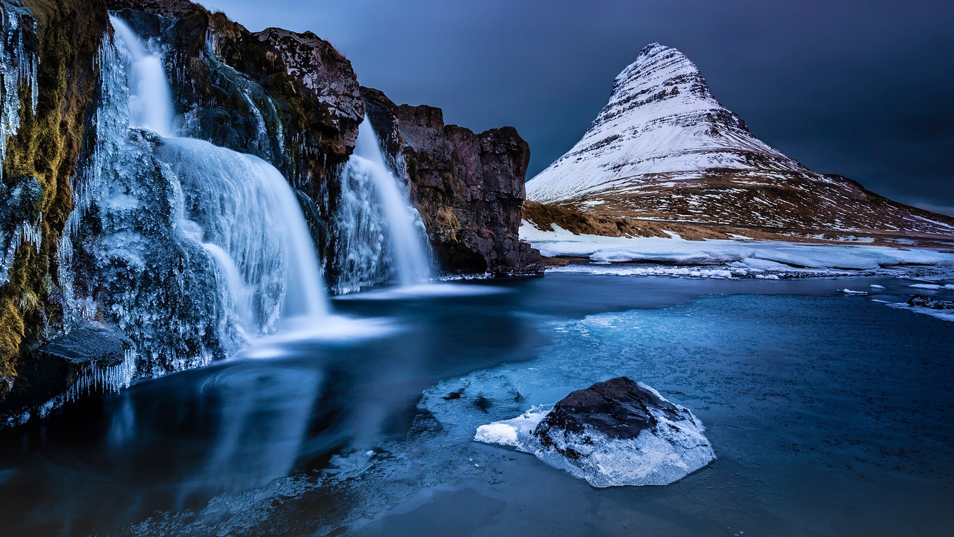 lake nature waterfall long exposure mountains landscape snowy HD Wallpaper