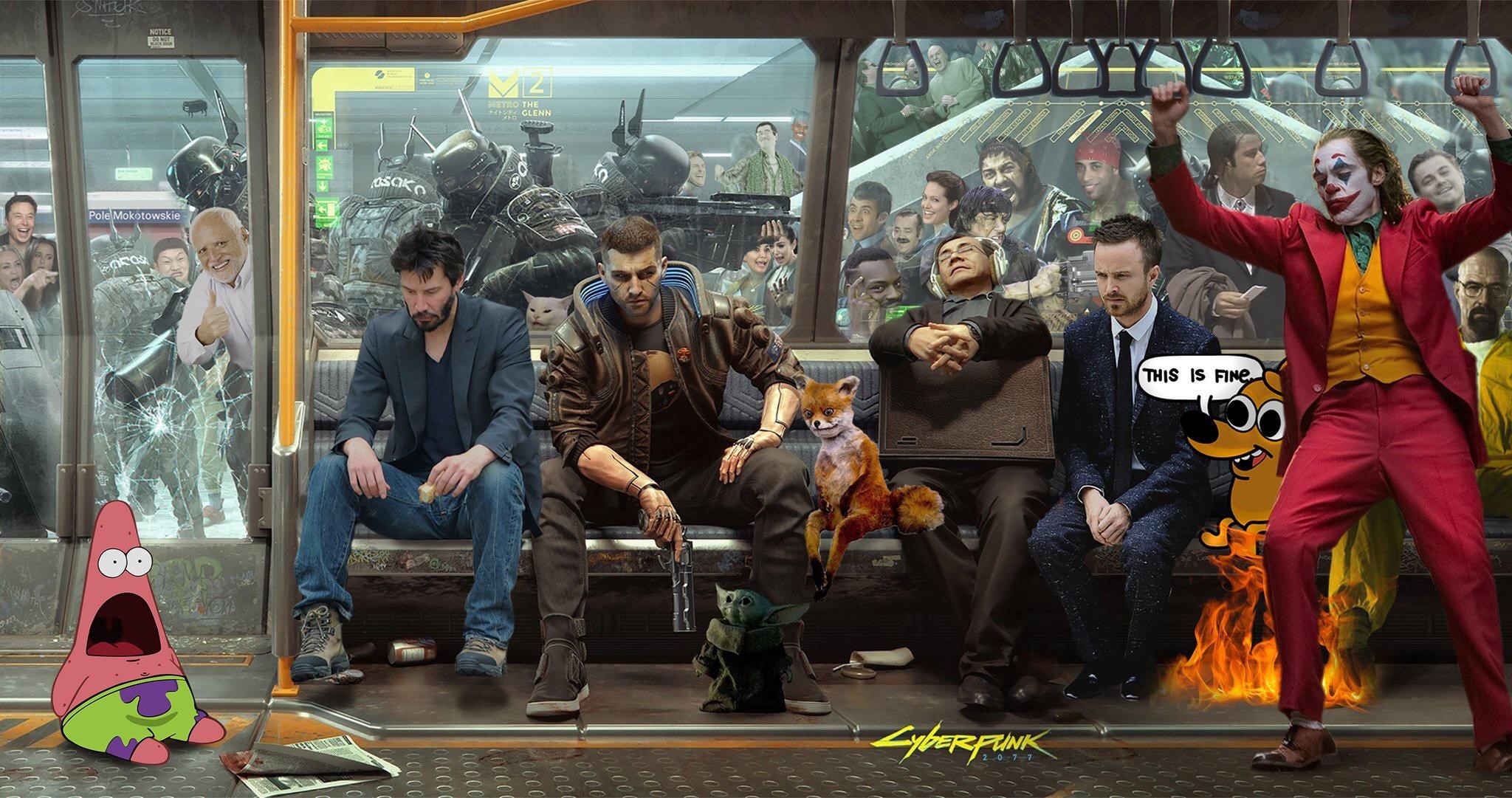 Cyberpunk 2077 characters and memes on a train HD Wallpaper