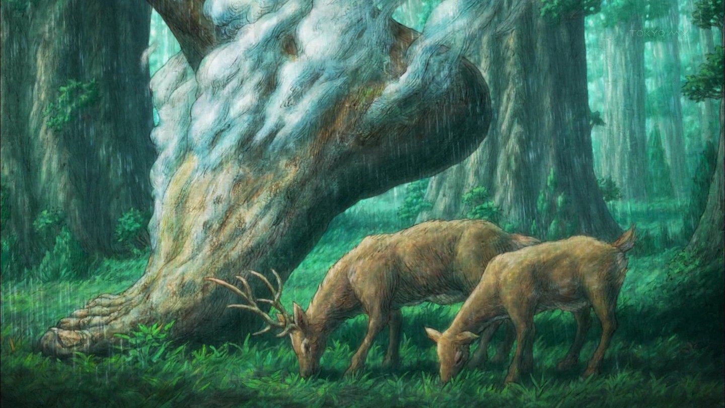 Deer grazing in a forest with giant tree roots HD Wallpaper