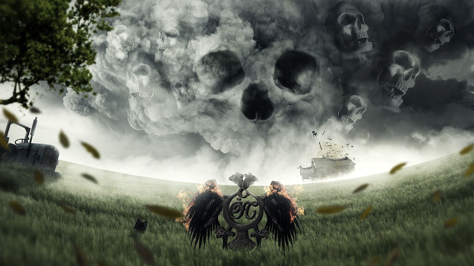 Skulls in smoke over a field with a tractor and emblem HD Wallpaper