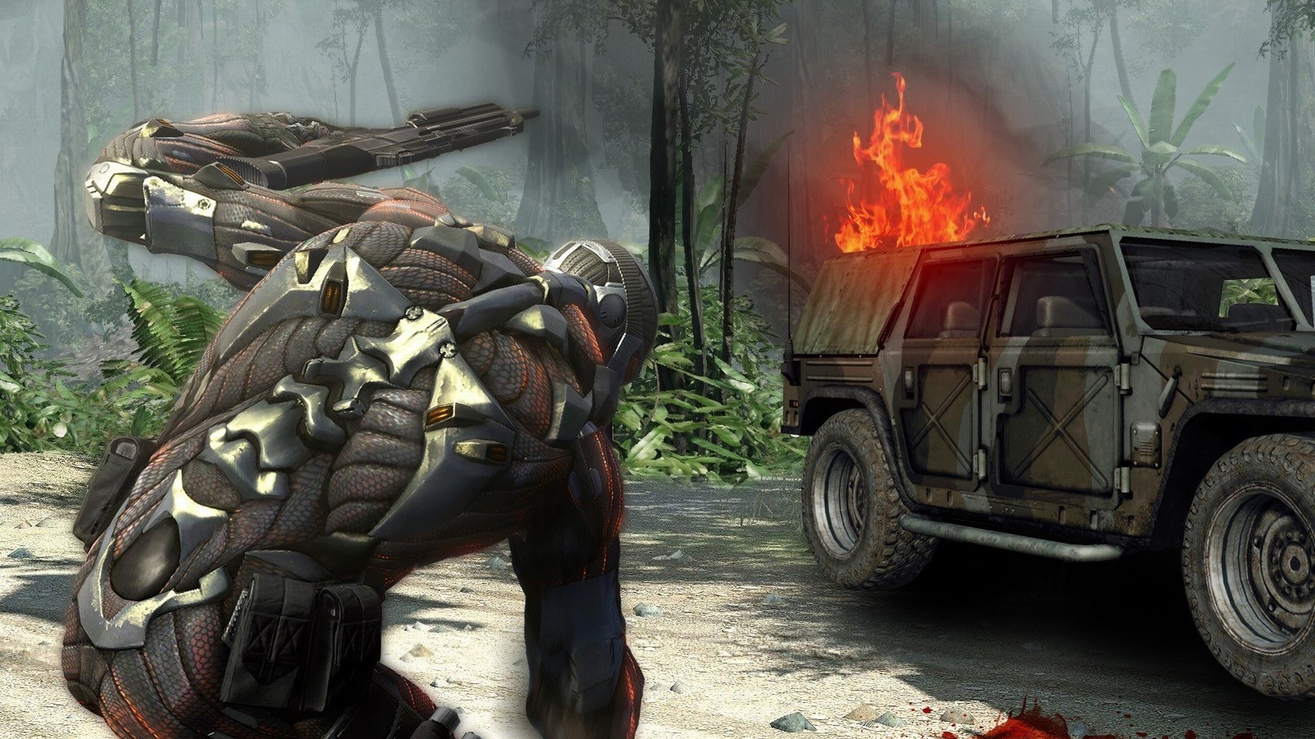 Crysis 2 Nanosuit Soldier and Burning Humvee HD Wallpaper