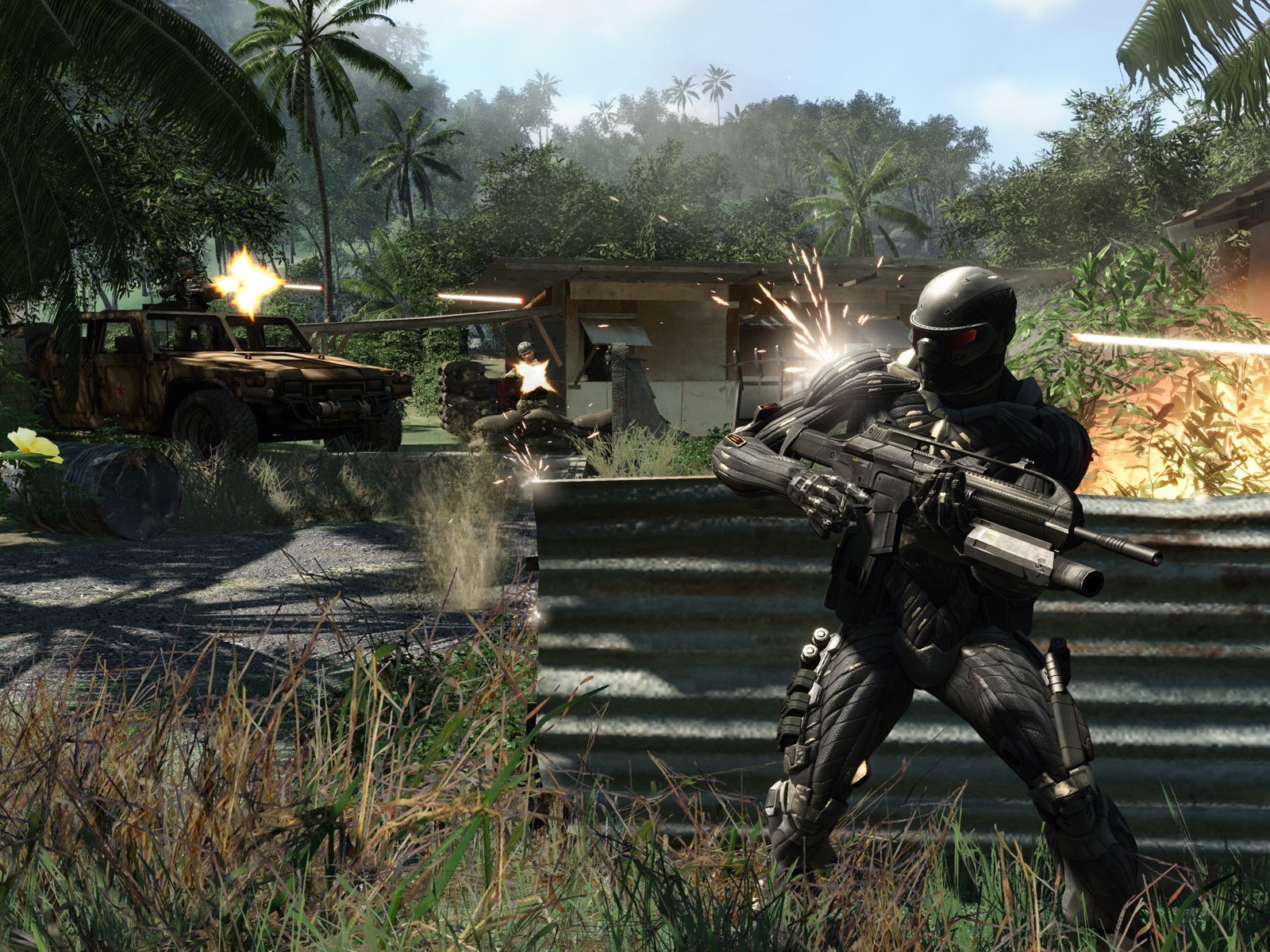 Soldier in Nanosuit firing weapon in Crysis 2 HD Wallpaper