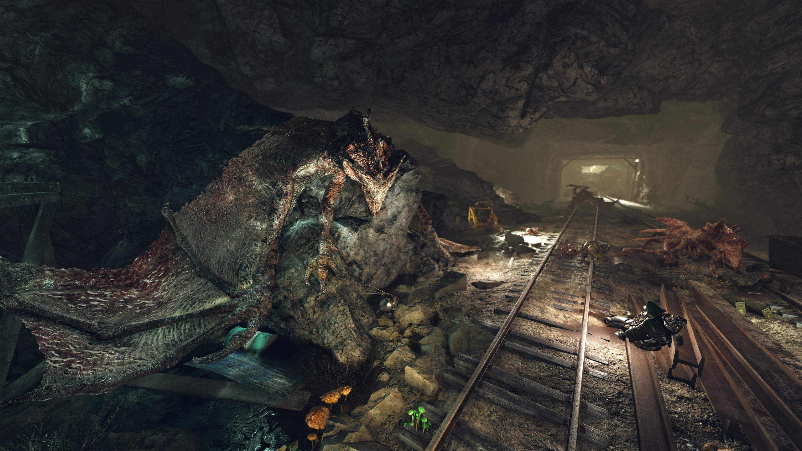 Scorchbeast in a dark mine in Fallout 76 HD Wallpaper