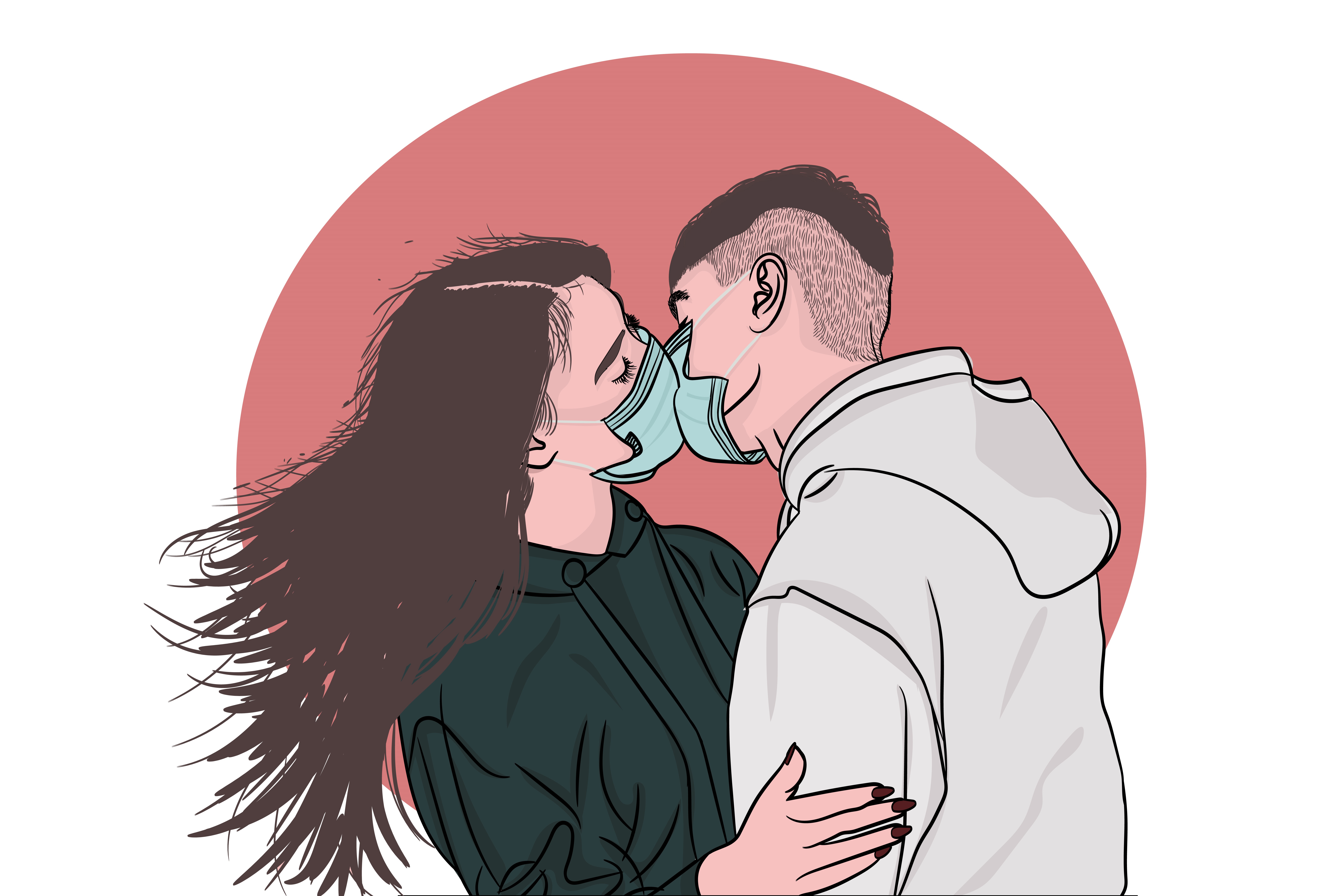 Couple kissing with face masks HD Wallpaper