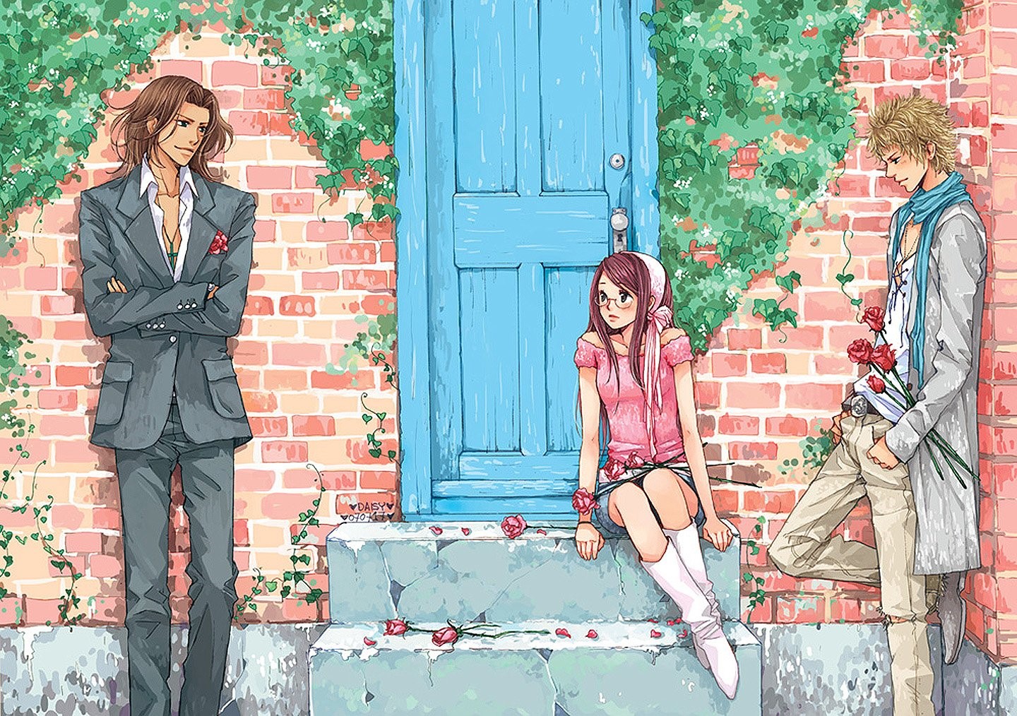 Three anime characters with roses by a blue door HD Wallpaper