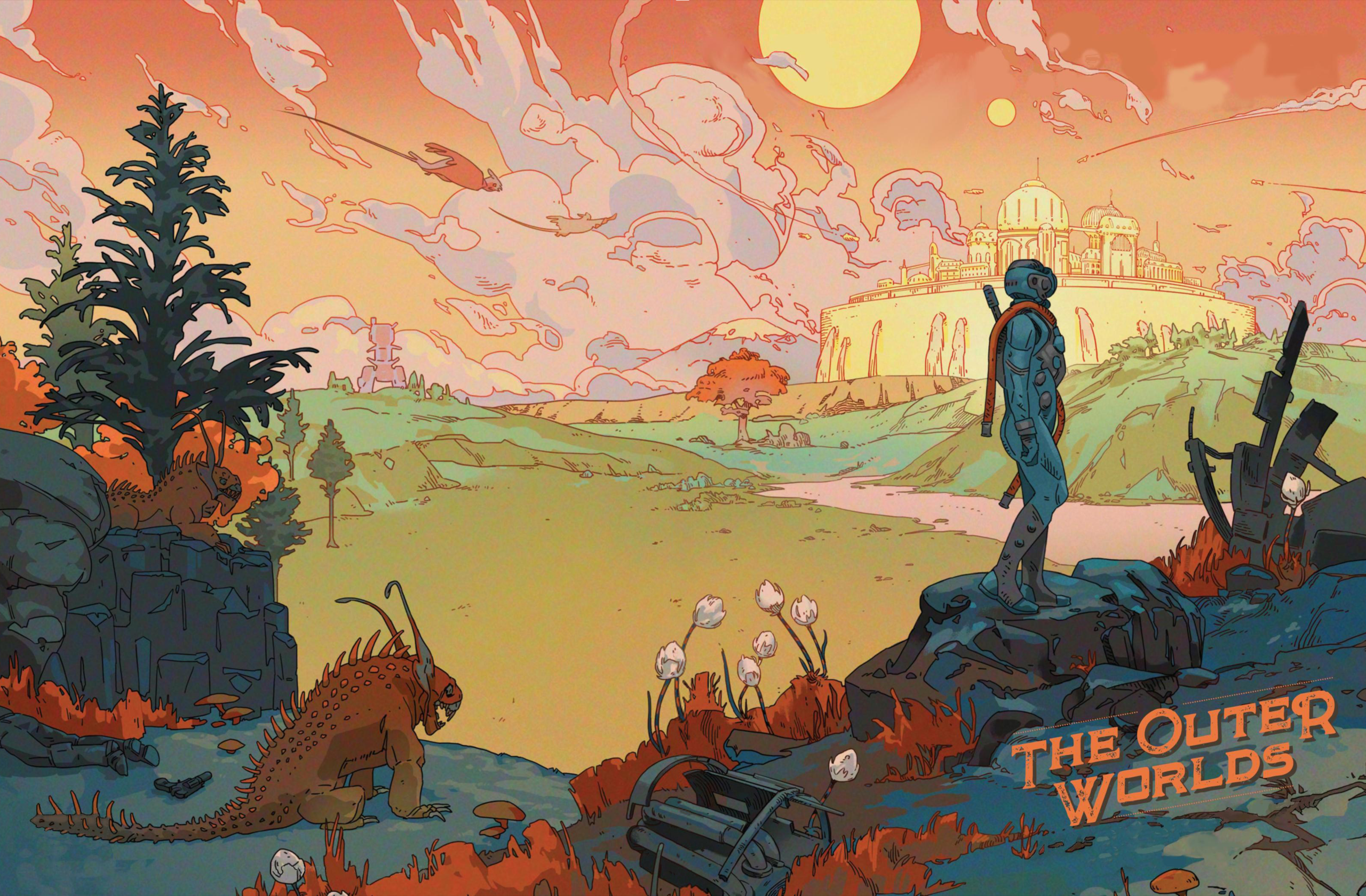 The Outer Worlds Landscape with Astronaut and Creatures HD Wallpaper
