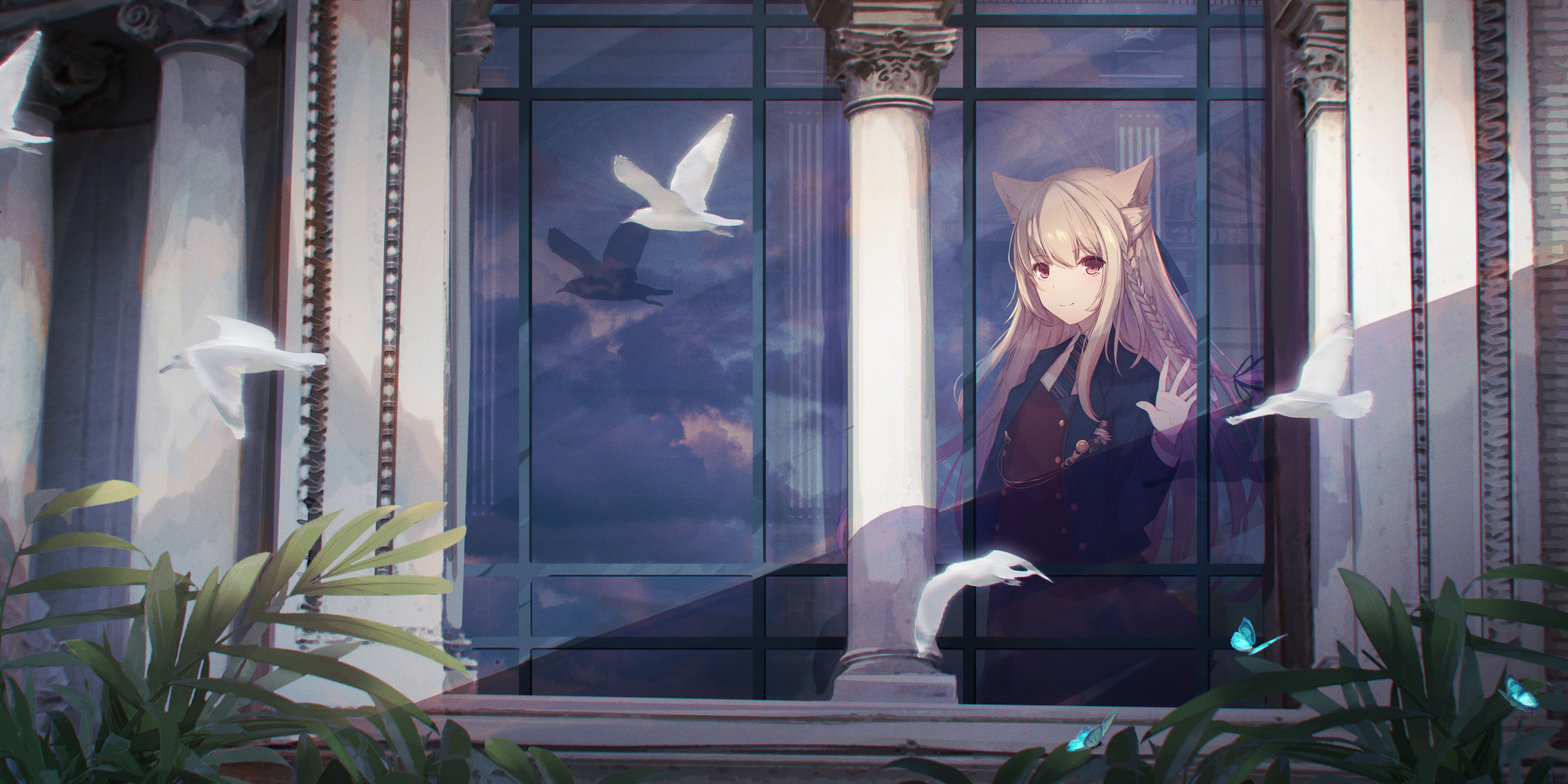 Anime girl with animal ears by a window HD Wallpaper