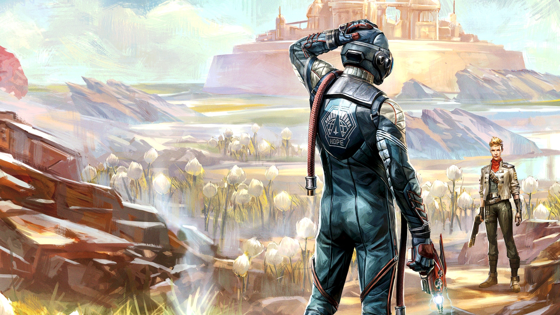 The Outer Worlds characters on alien planet HD Wallpaper