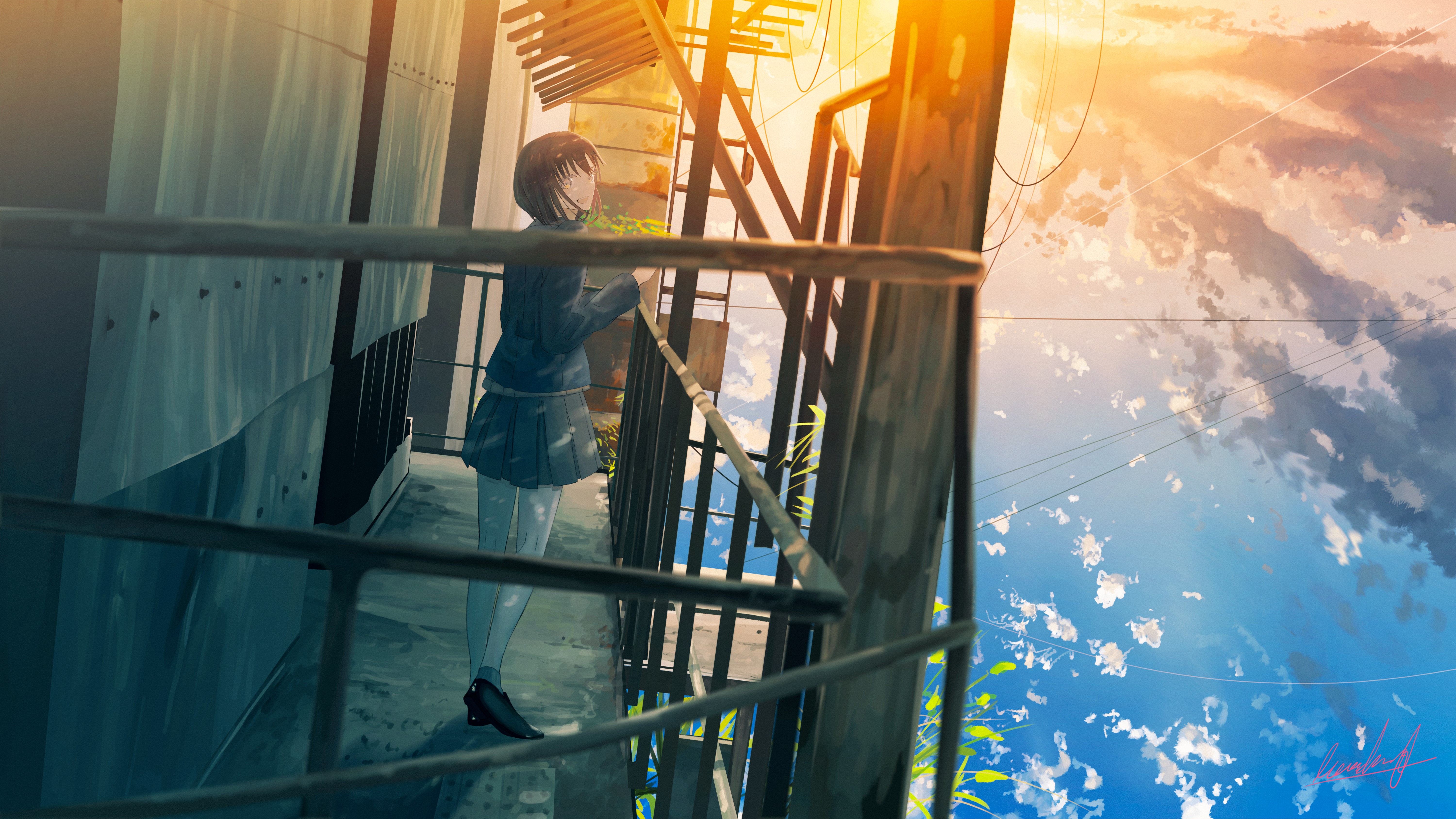 Anime girl on a balcony at sunset HD Wallpaper