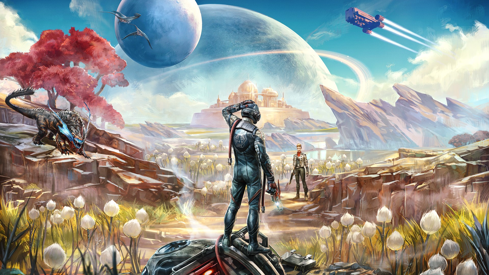 The Outer Worlds alien planet landscape with characters HD Wallpaper