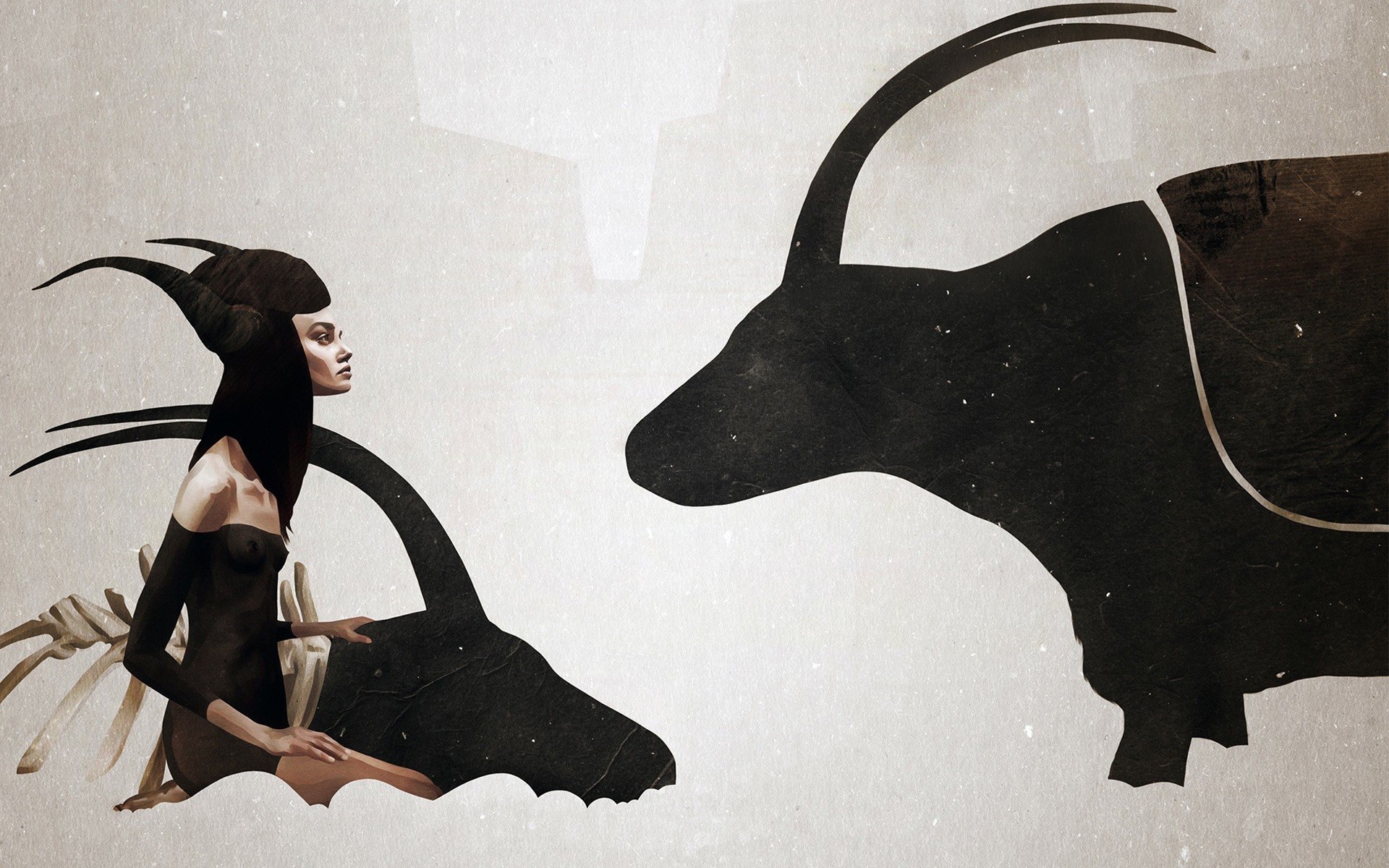 Woman with horns and bull silhouettes by Ruben Ireland HD Wallpaper