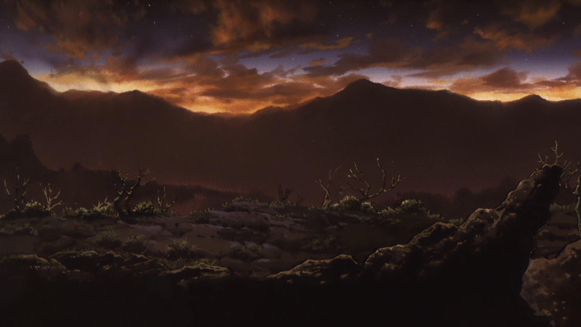 Anime landscape with mountains and clouds at sunset HD Wallpaper