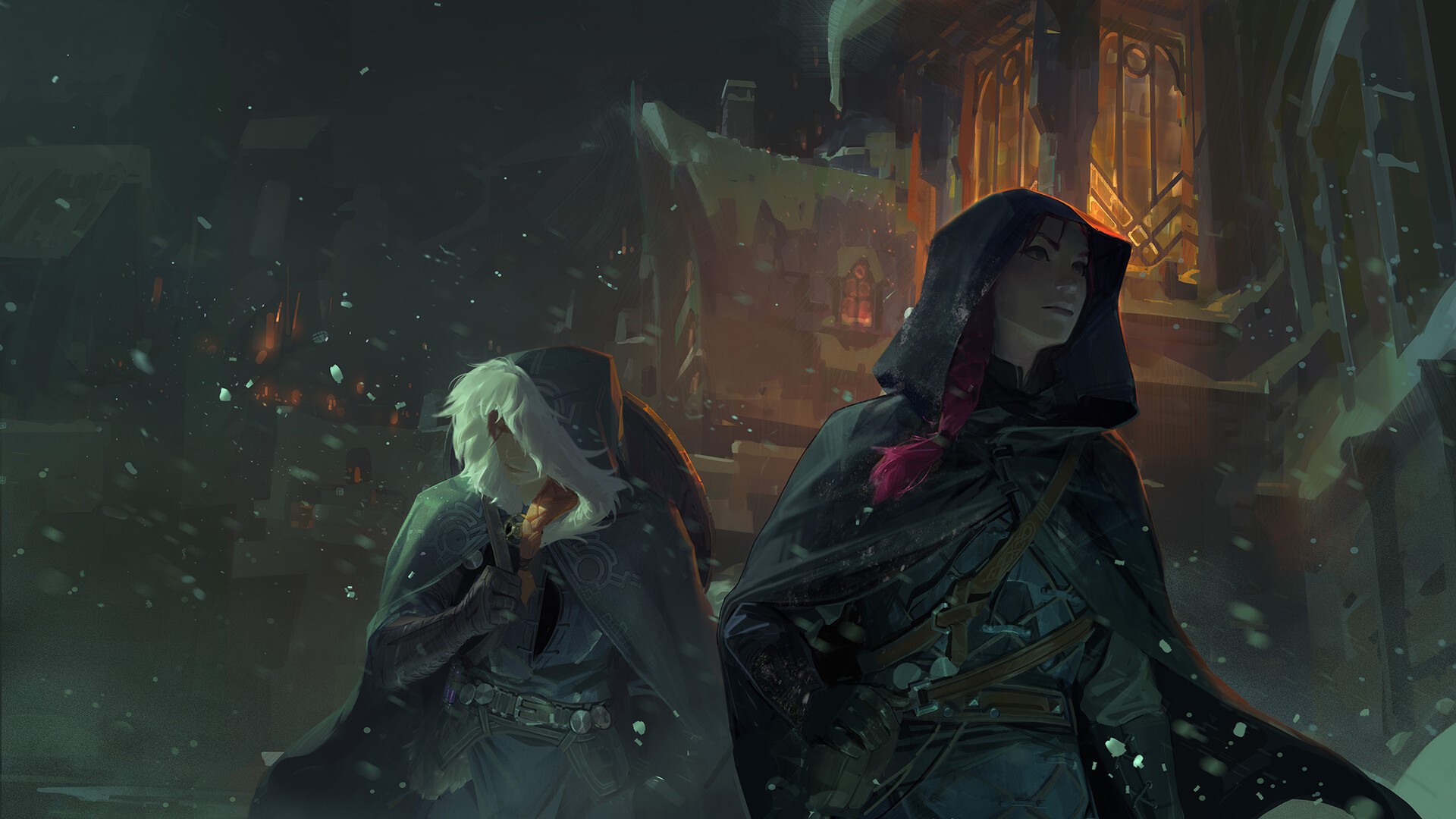Two hooded figures in a snowy fantasy town HD Wallpaper