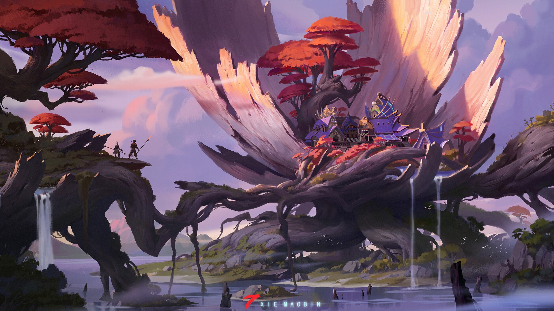 Fantasy artwork of a village built on a giant tree HD Wallpaper