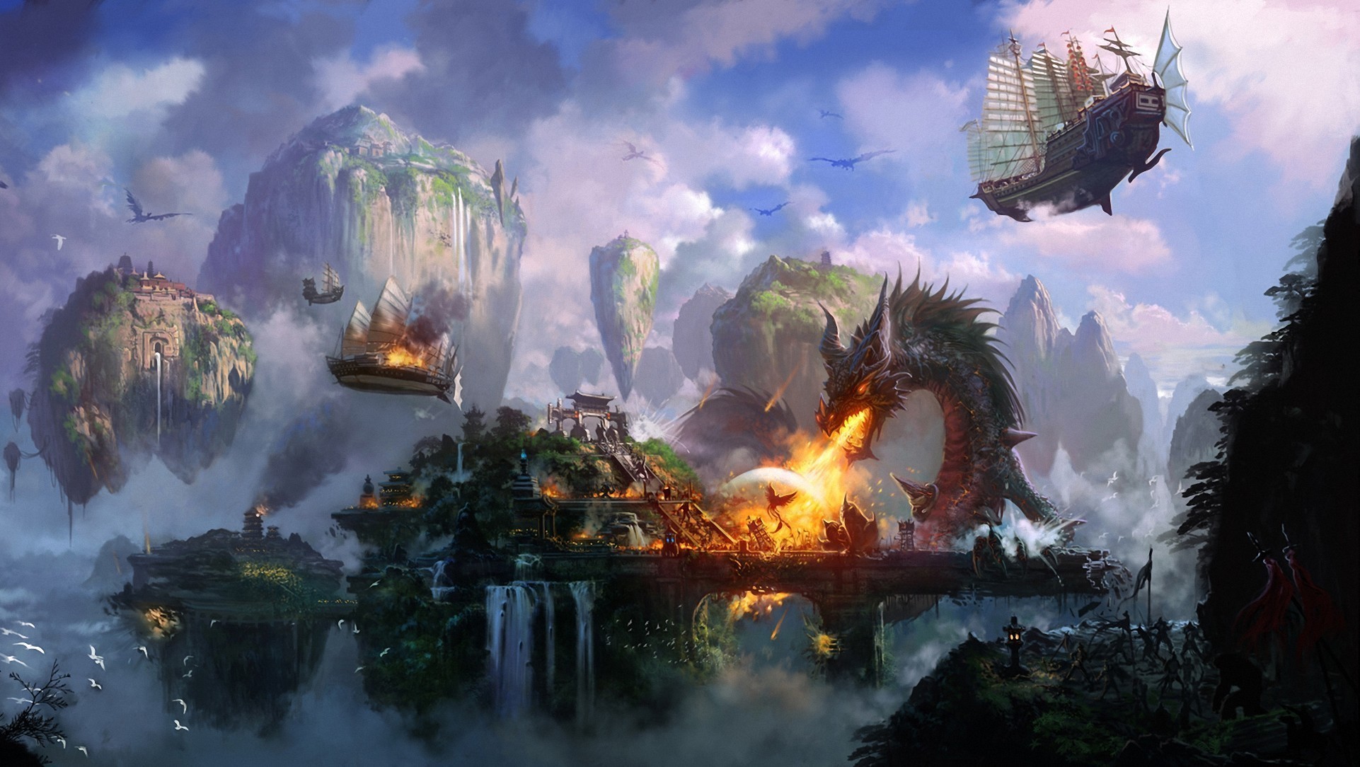 Fantasy Dragon attacking floating islands with airships HD Wallpaper