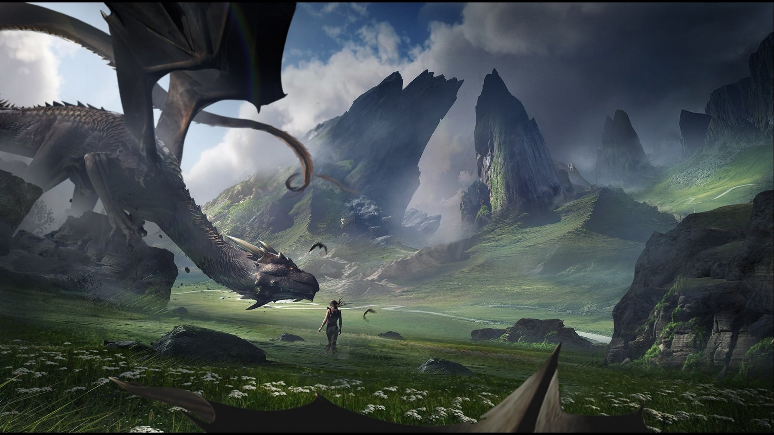 Dragon and woman in a fantasy mountain landscape HD Wallpaper