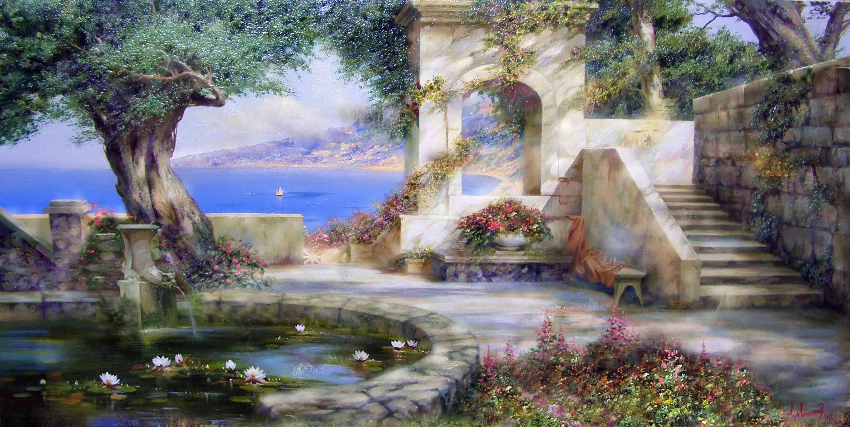 Painting of a Mediterranean garden with a fountain and sea view HD Wallpaper