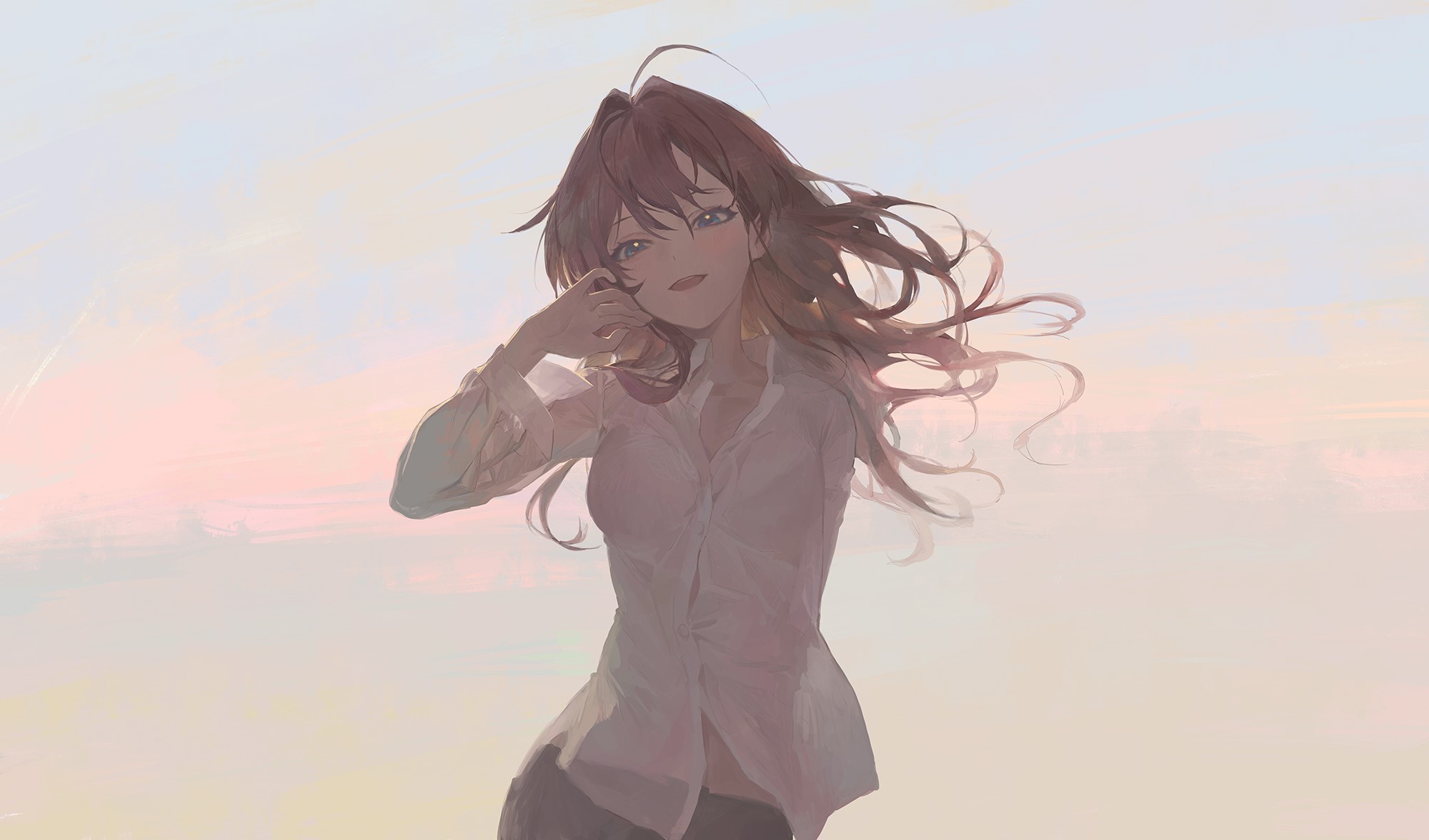 Anime girl with brown hair in a white shirt HD Wallpaper