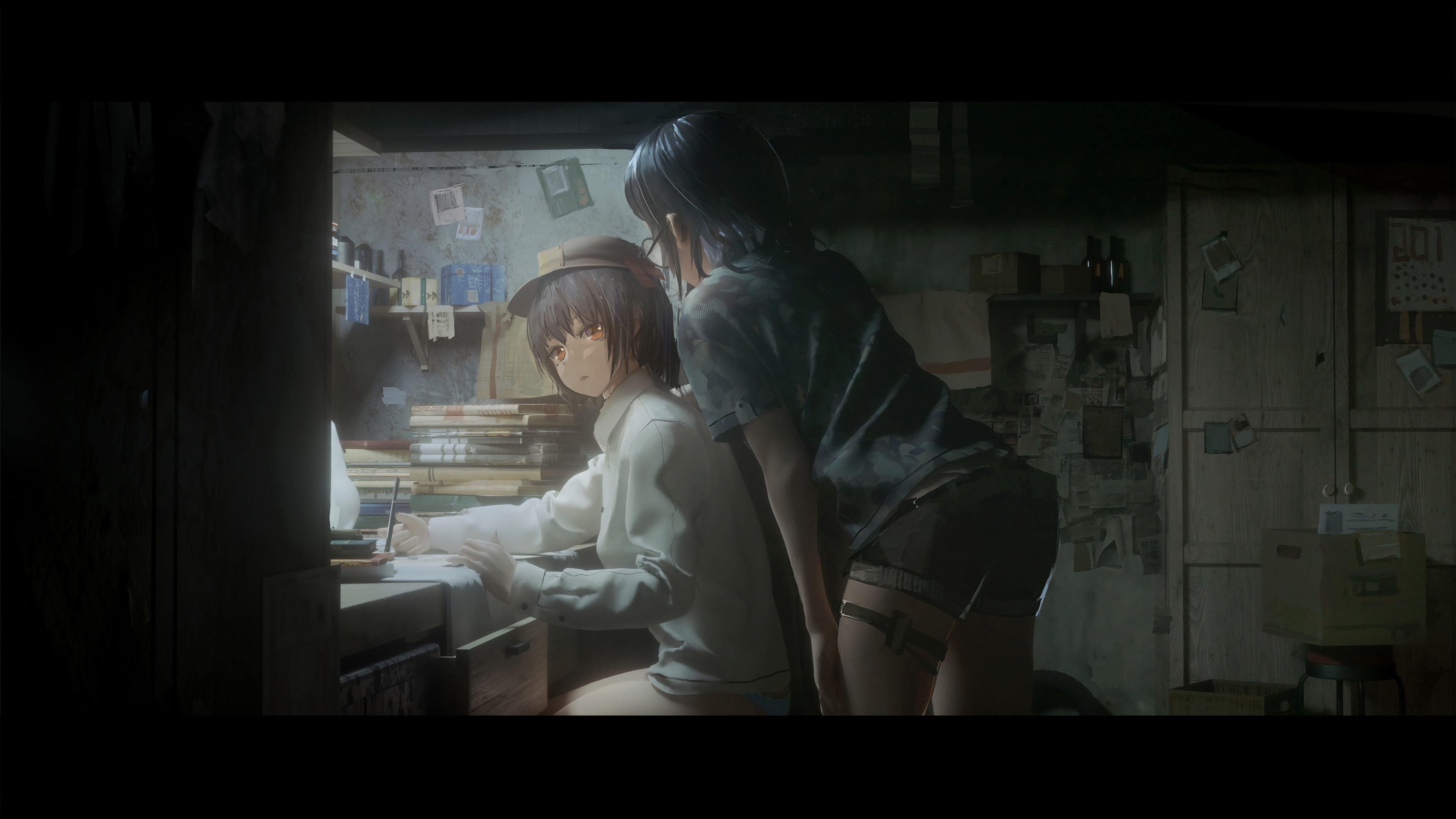 Anime girls in a dark room with books HD Wallpaper