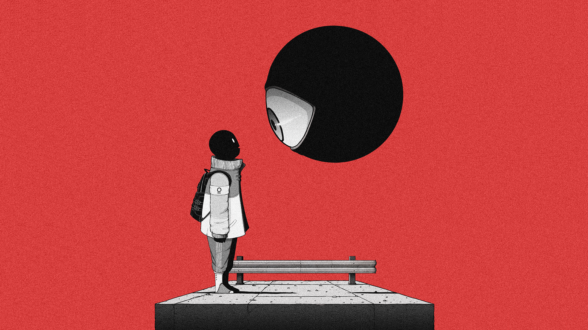 Child with backpack looking at a giant eye HD Wallpaper