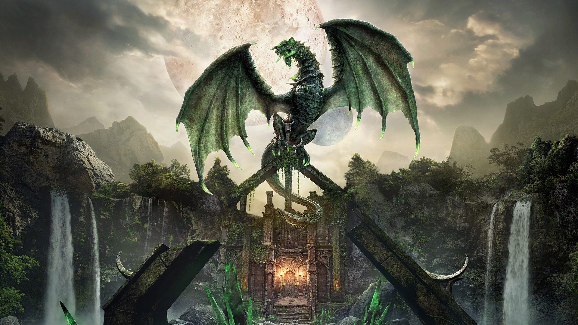 Green dragon perched on ruins near waterfalls HD Wallpaper