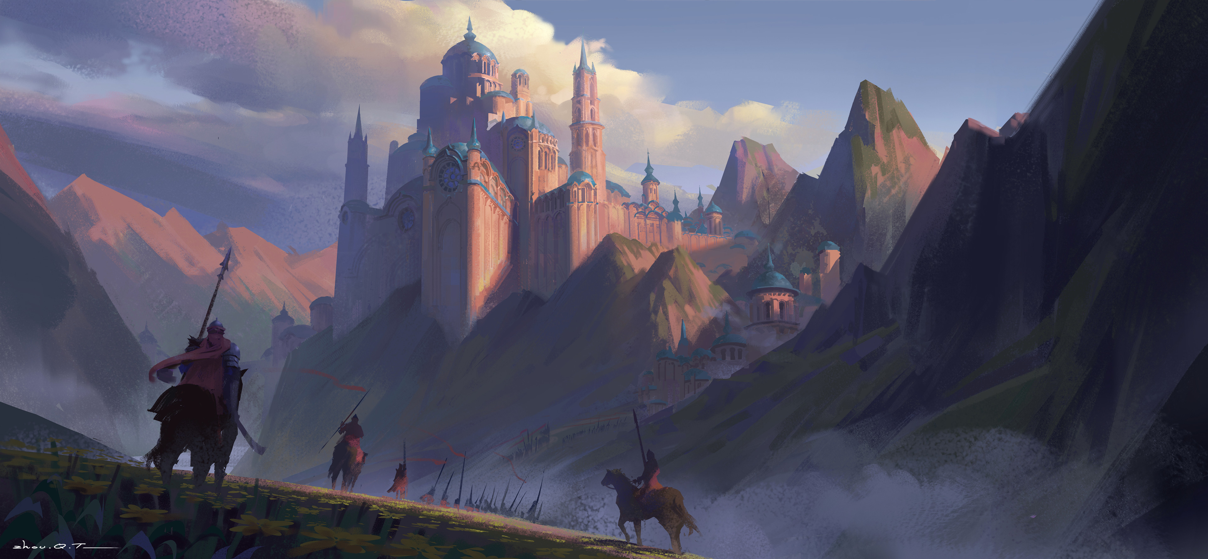 Fantasy City in Mountains with Warriors HD Wallpaper