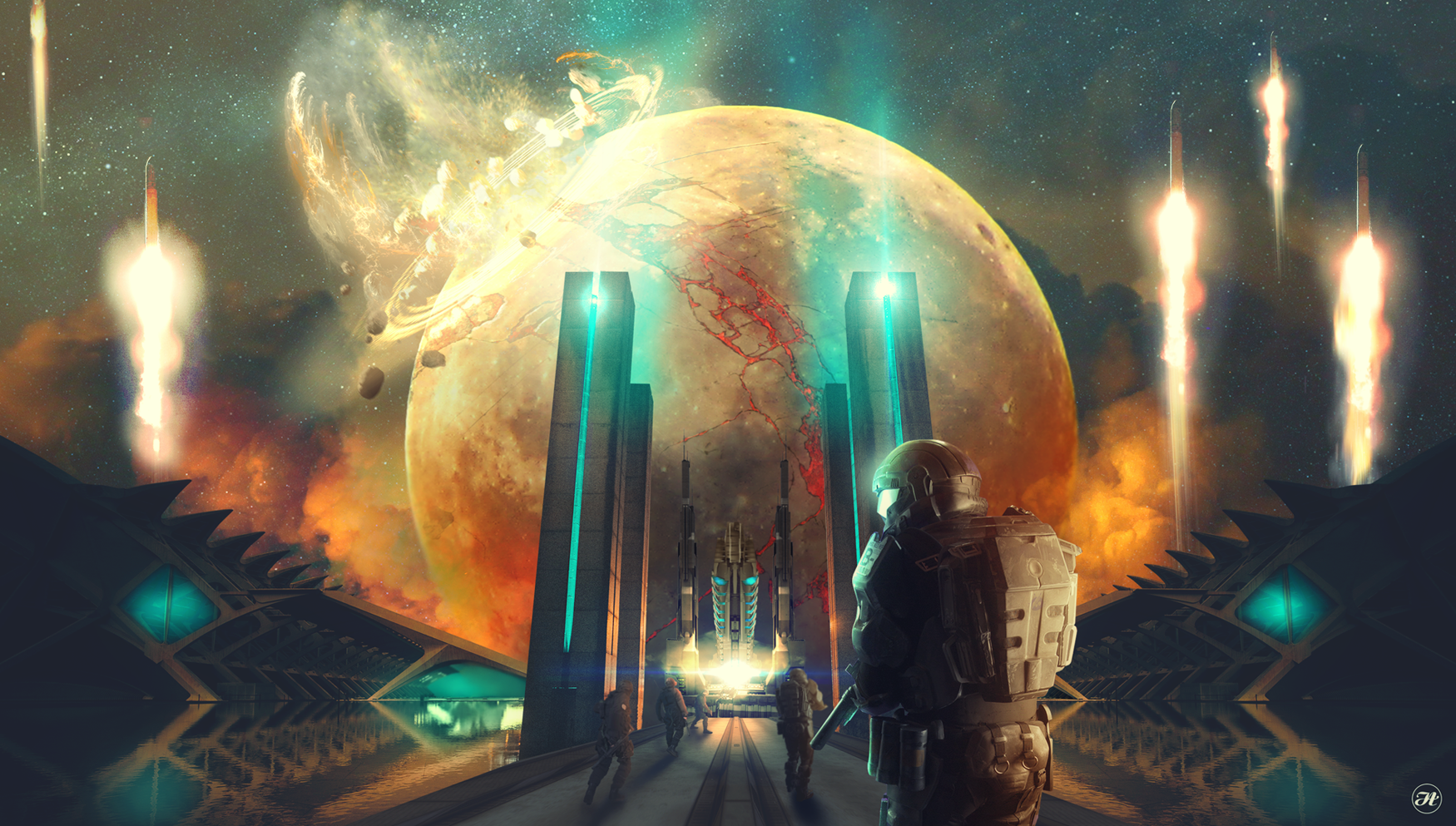 Soldiers in futuristic armor launch rockets near a glowing planet HD Wallpaper